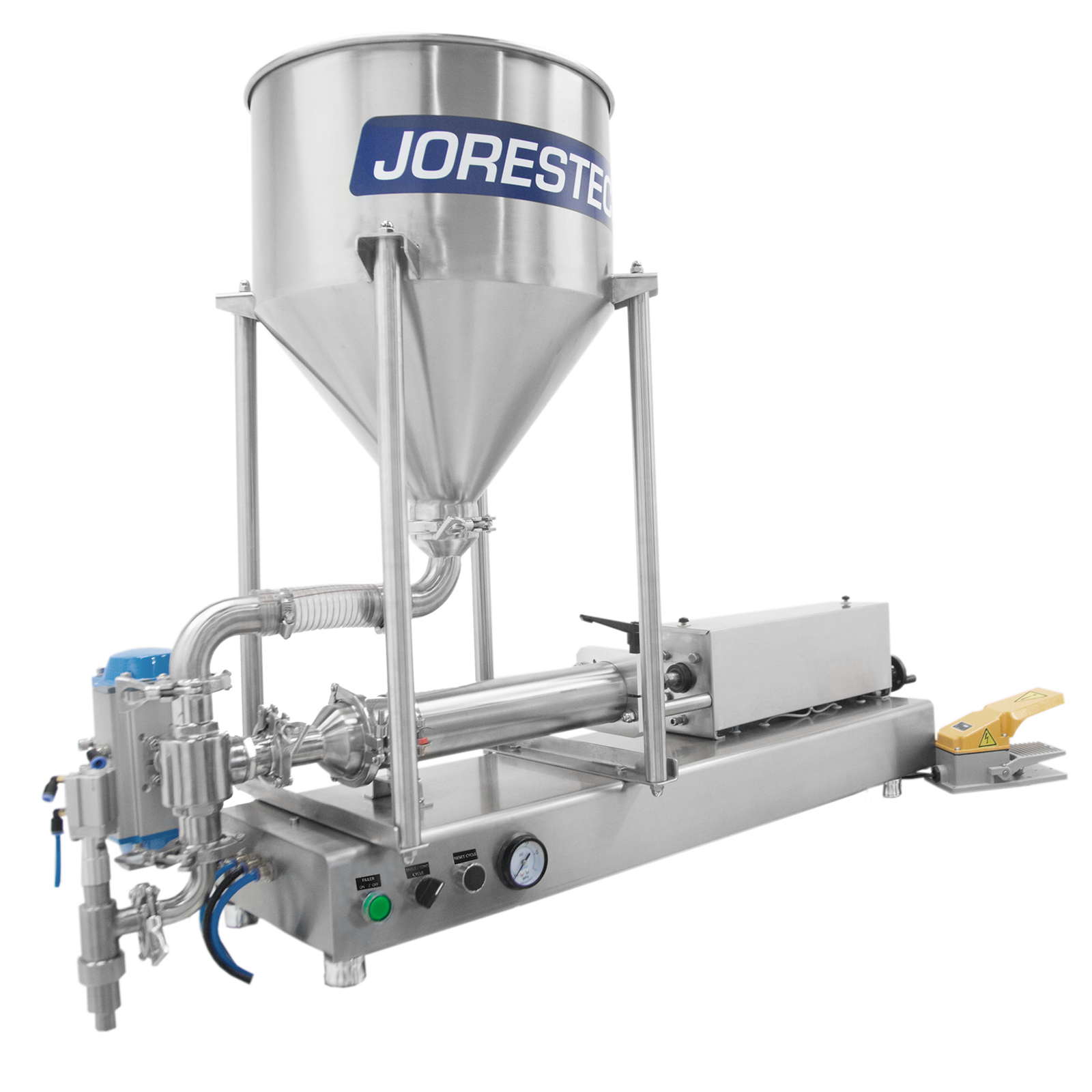 The JORES TECHNOLOGIES® High Viscosity tabletop piston filler with ball valve shown in a diagonal view