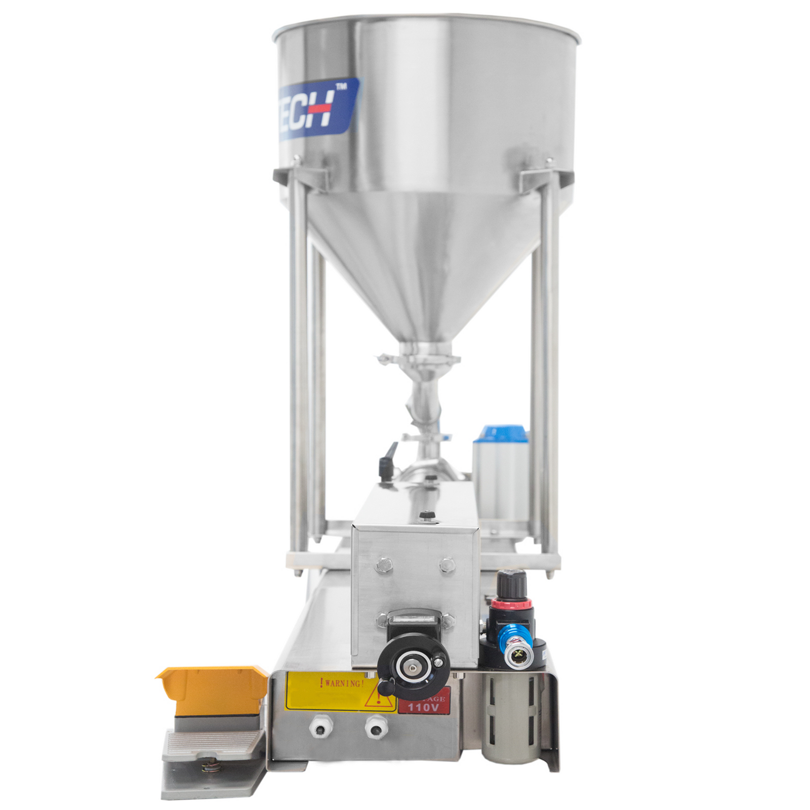 JORES TECHNOLOGIES® High Viscosity tabletop piston filler with ball valve shown from the side 