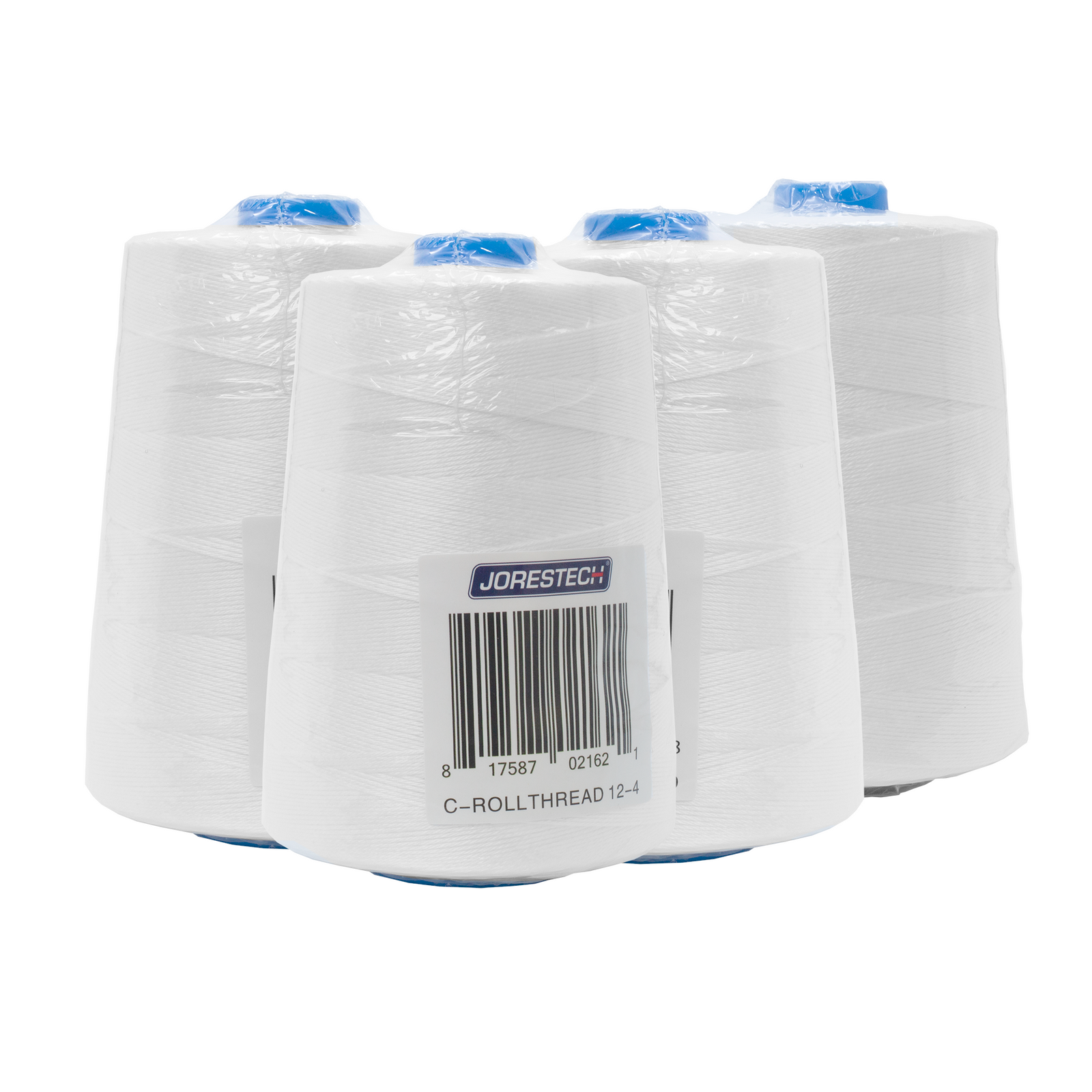 group of four white JORESTECH sewing thread spools wrapped in protective plastic for dirt protection