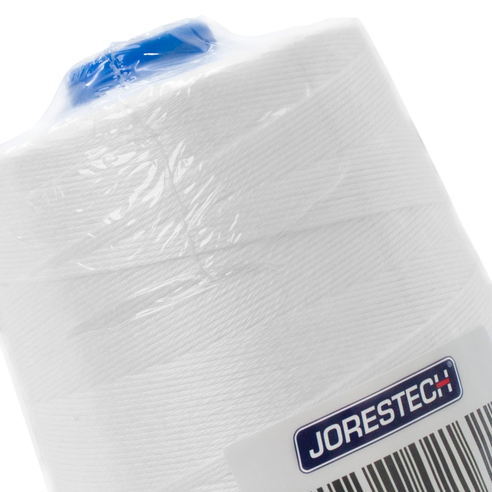 close up of white JORESTECH sewing thread spool wrapped in plastic