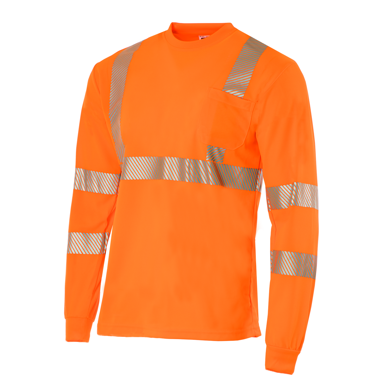 Diagonal of the JORESTECH Hi-Vis orange heat transfer reflective long sleeve safety pocket shirt  ANSI compliant type R class 3