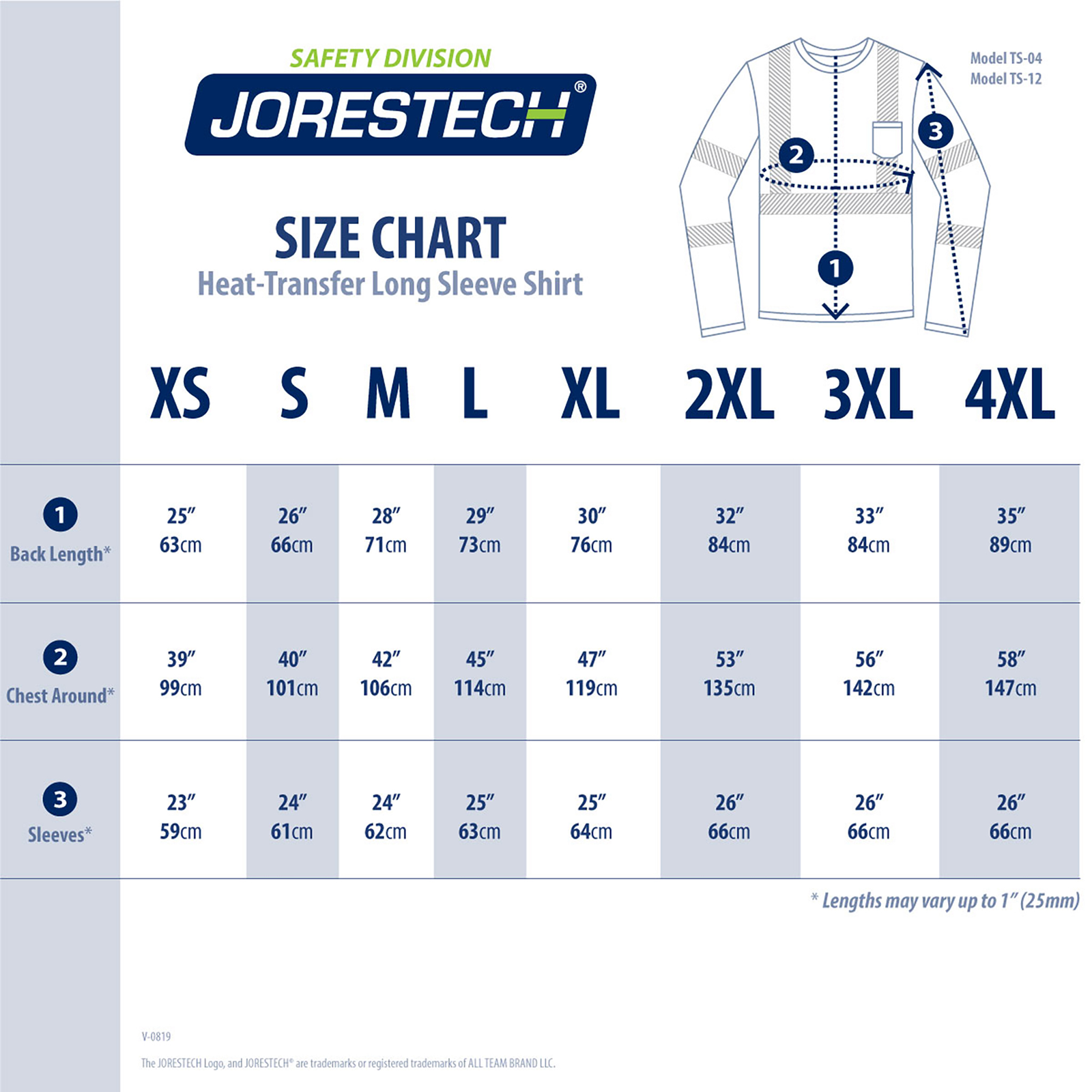 Size chart of the JORESTECH heat transfer reflective long sleeve ANSI safety shirt