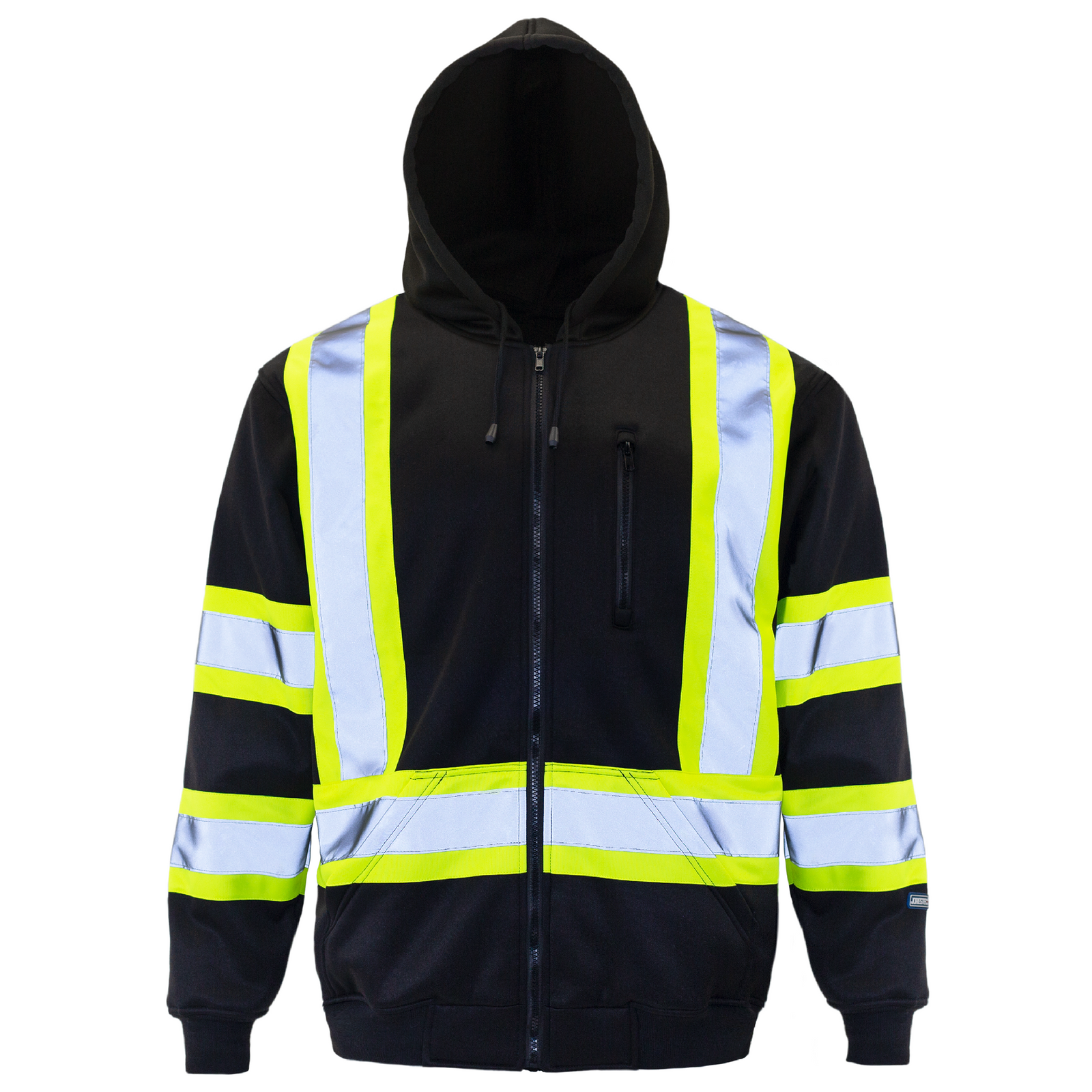 Hi vis safety hooded sweatshirt with reflective stripes and full zipper