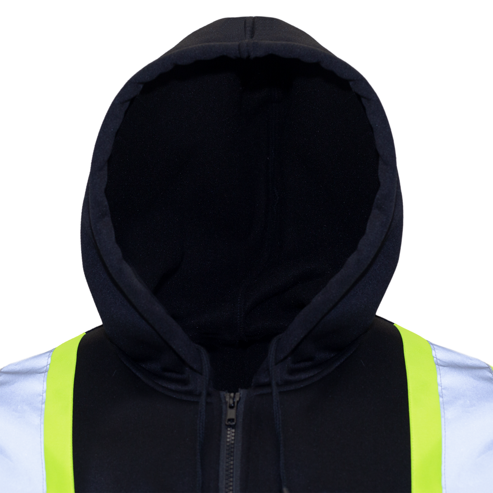 Close up to show the adjustable hoodie of the JORESTECH safety sweater with reflective stripes