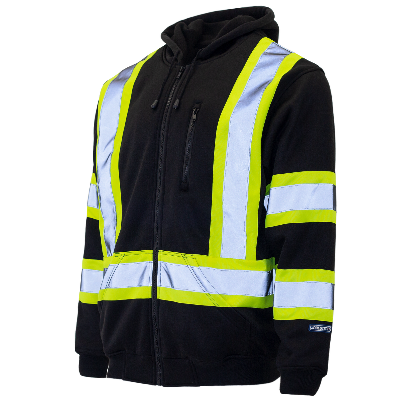 Hi vis safety hooded sweatshirt with reflective stripes and full zipper