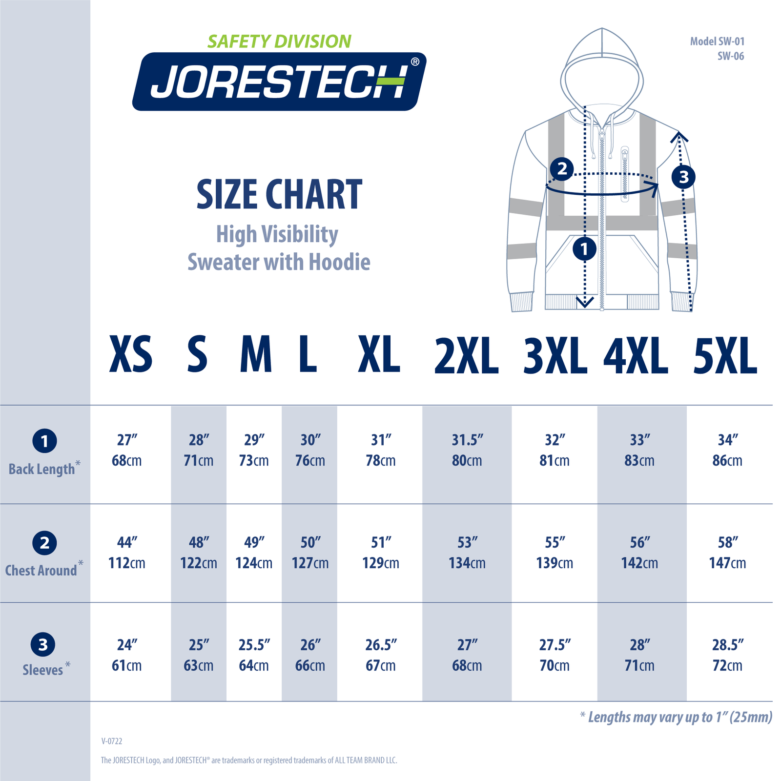 Size chart of the hi visibility hooded safety sweatshirts with reflective stripes