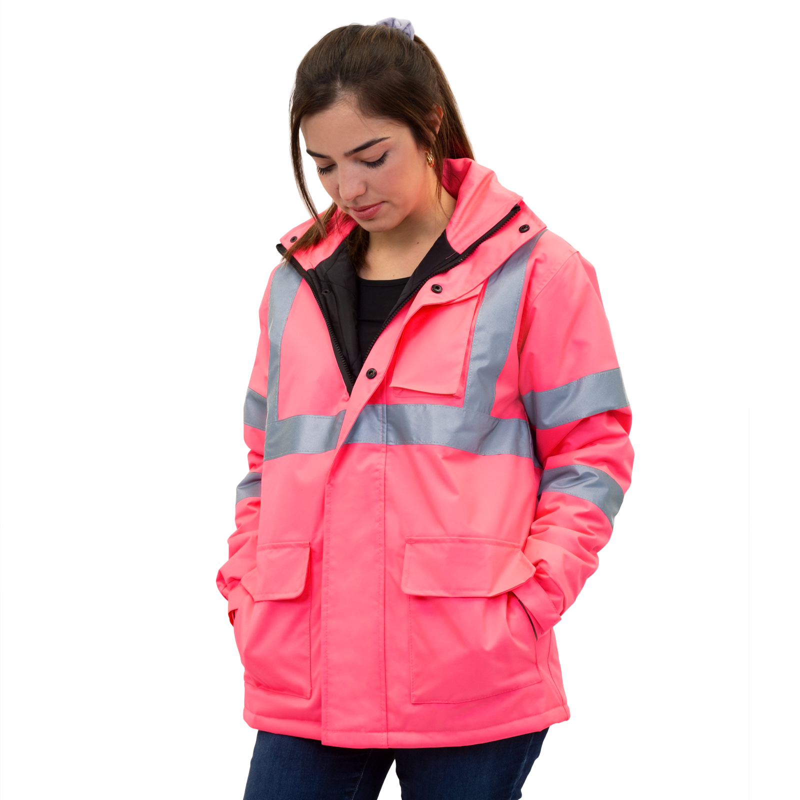 Woman wearing the Jorestech high visibility safety pink jacket with reflective strips