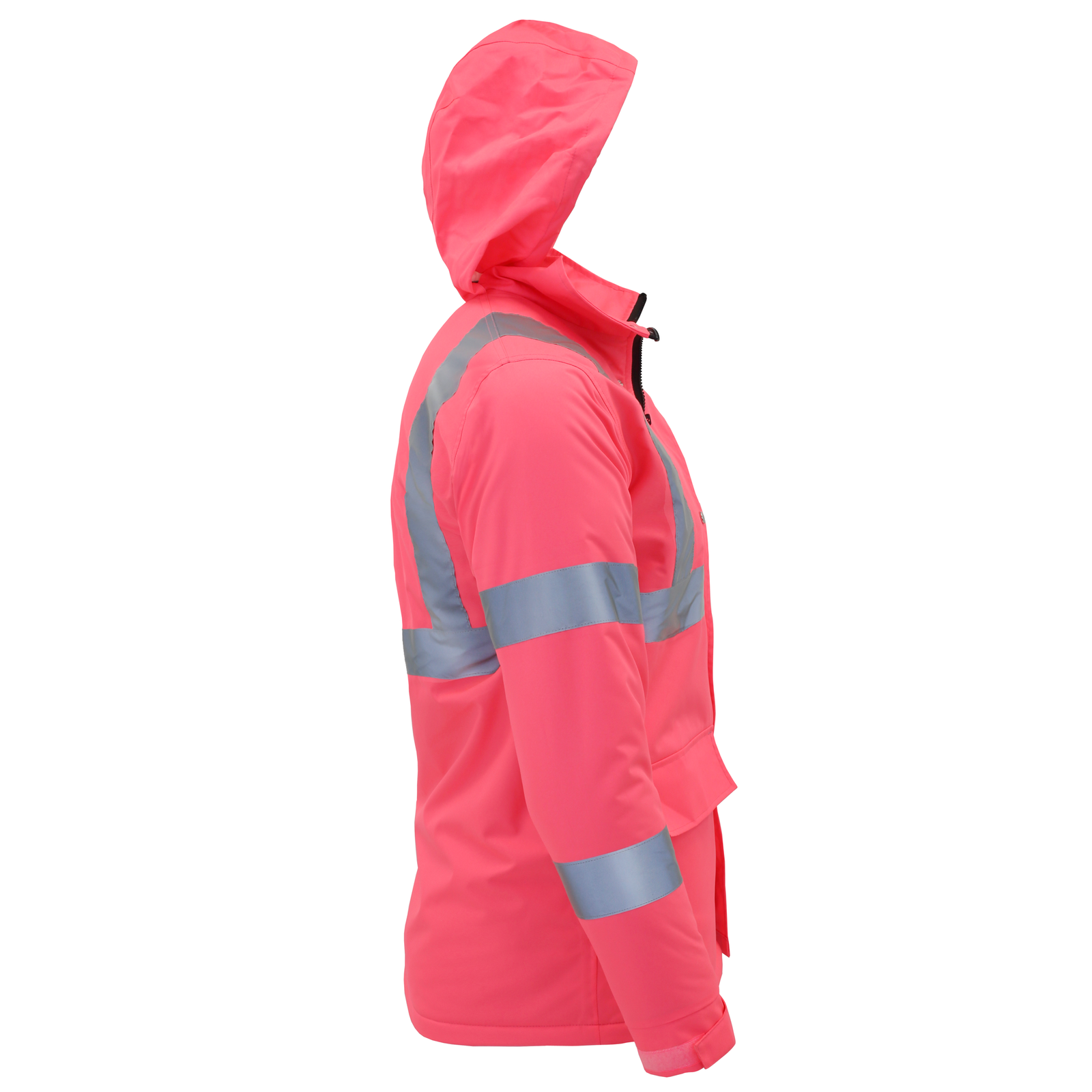 Side view of the Jorestech hi-vis safety jacket with reflective strips and hoodie for winter and rain protection