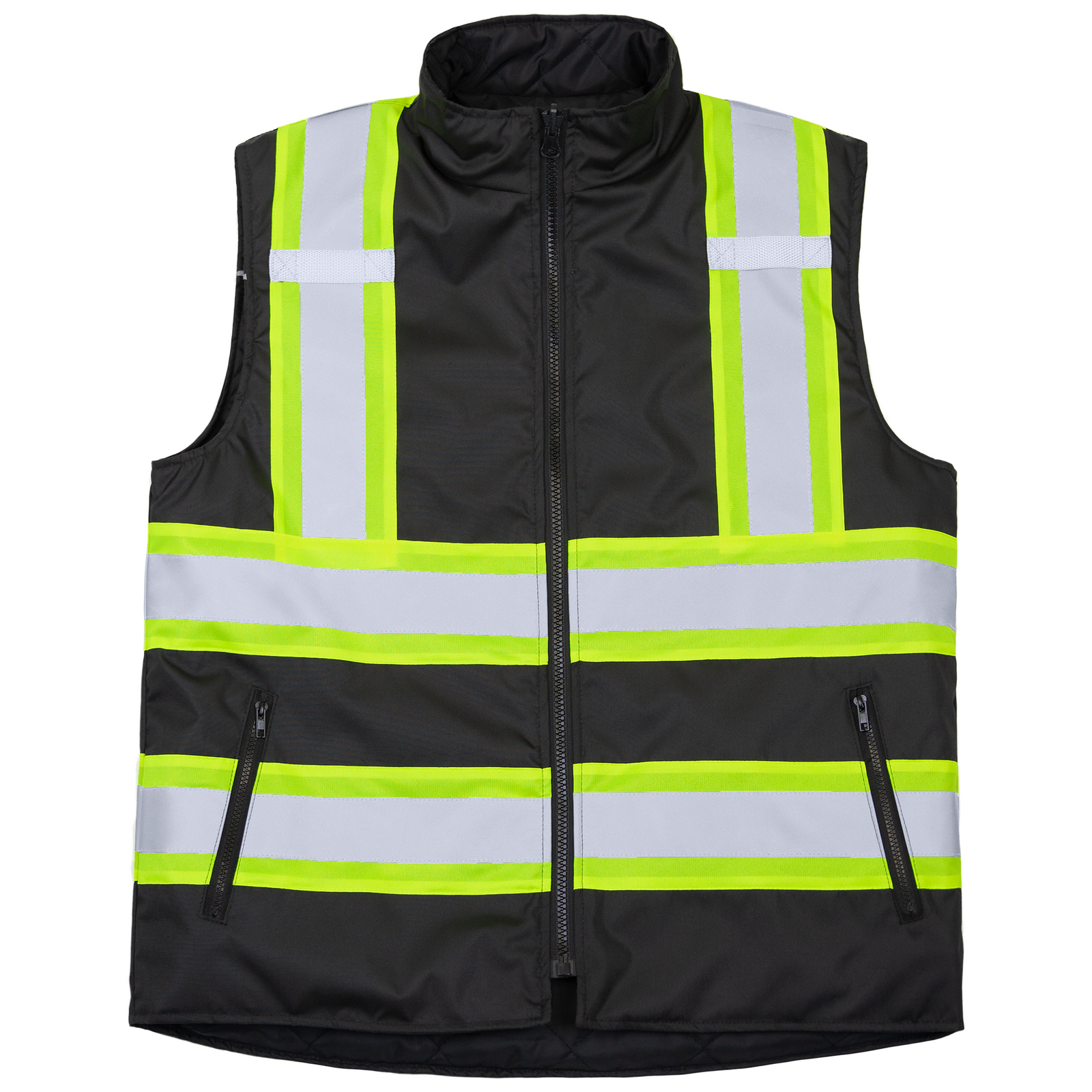 Front view of the JORESTECH® reflective black reversible insulated safety vest with reflective strips