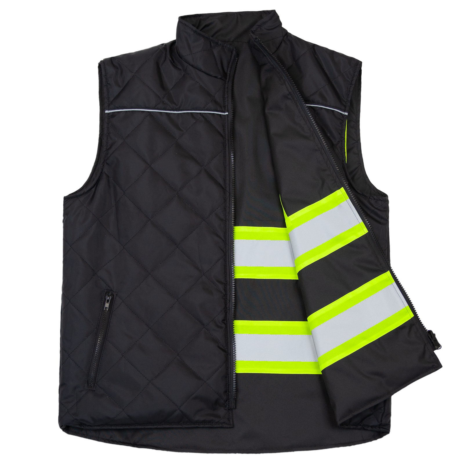Diagonal view of the JORESTECH® reflective black reversible insulated safety vest with yellow contrasting stripes