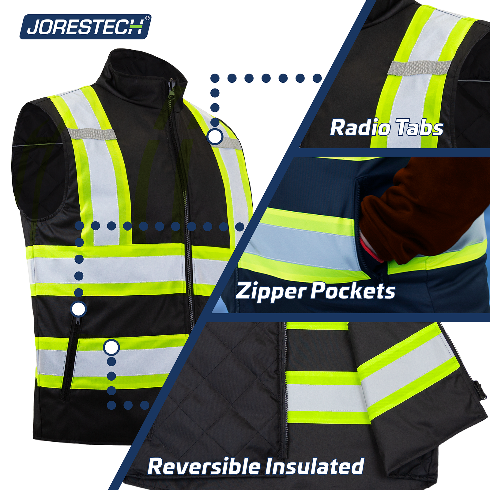 Showing a black JORESTECH insulated safety vest and close ups featuring the radio tabs, the reversible insulated material and the waist zippered pockets