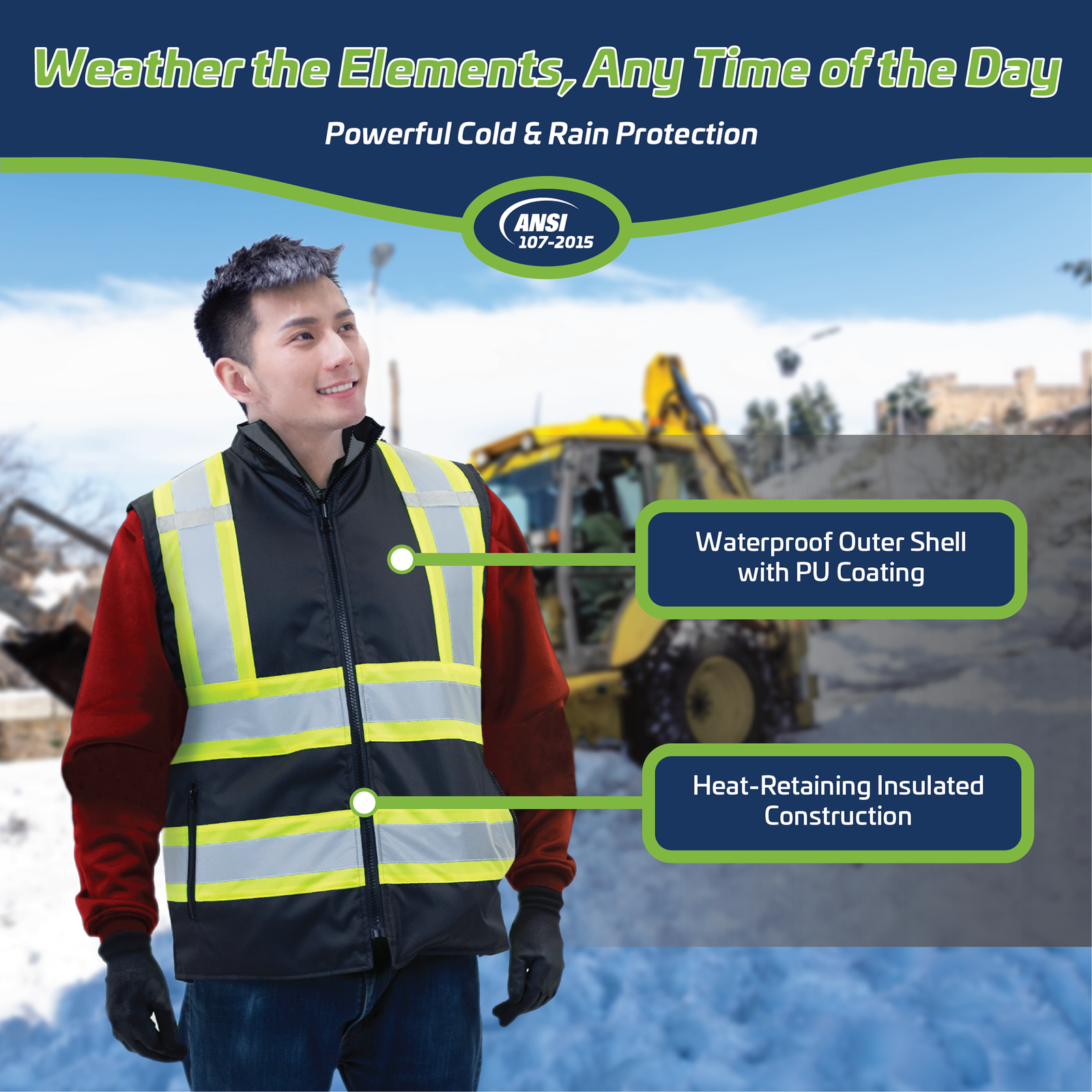 A man wearing the Black Hi-Vis reversible insulated safety vest during a road construction . Text reads, weather the elements anytime of day, powerful cold and rain protection. ANSI 107 215. PU coating. Insulated construction