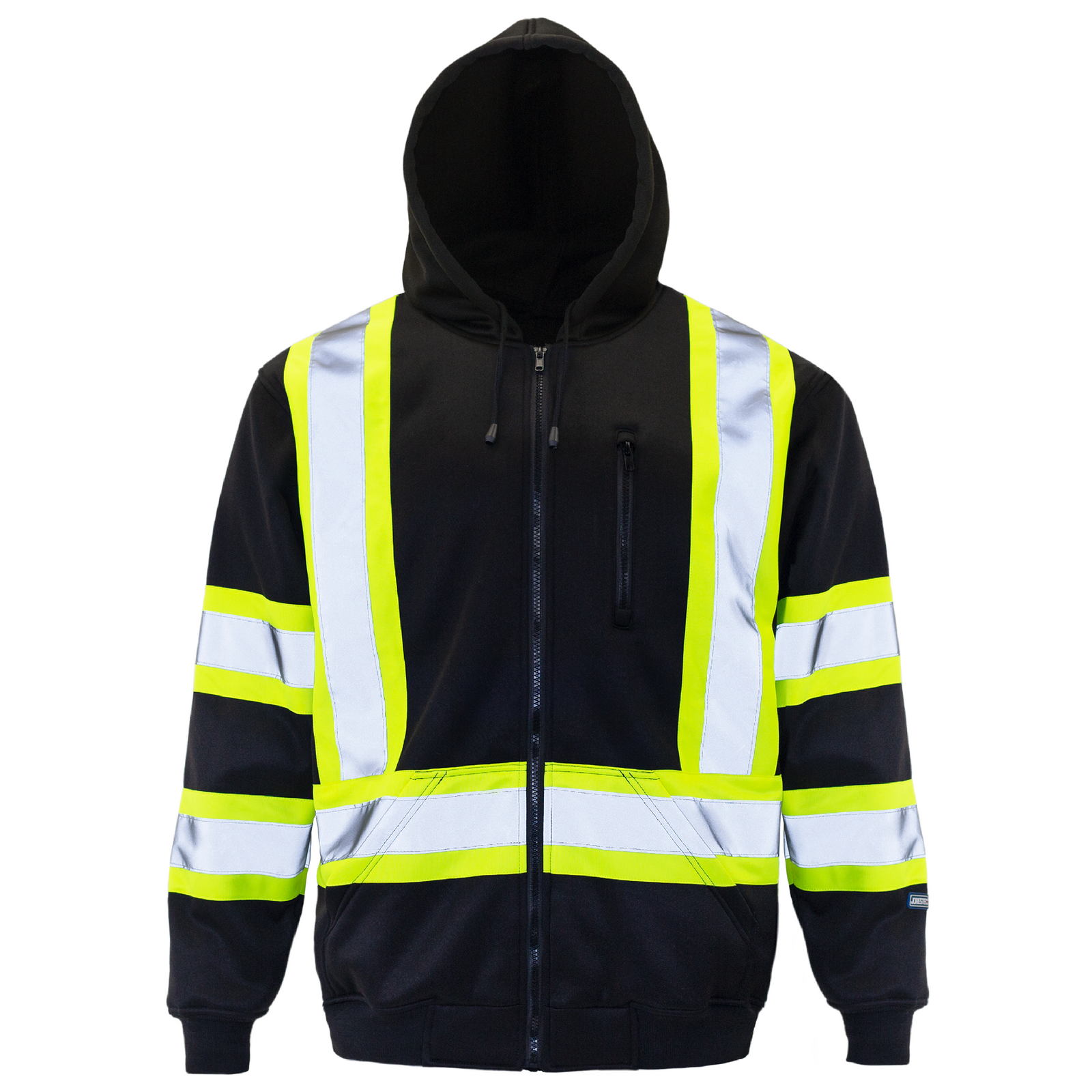 Black safety sweater with contrasting yellow and reflective stripes