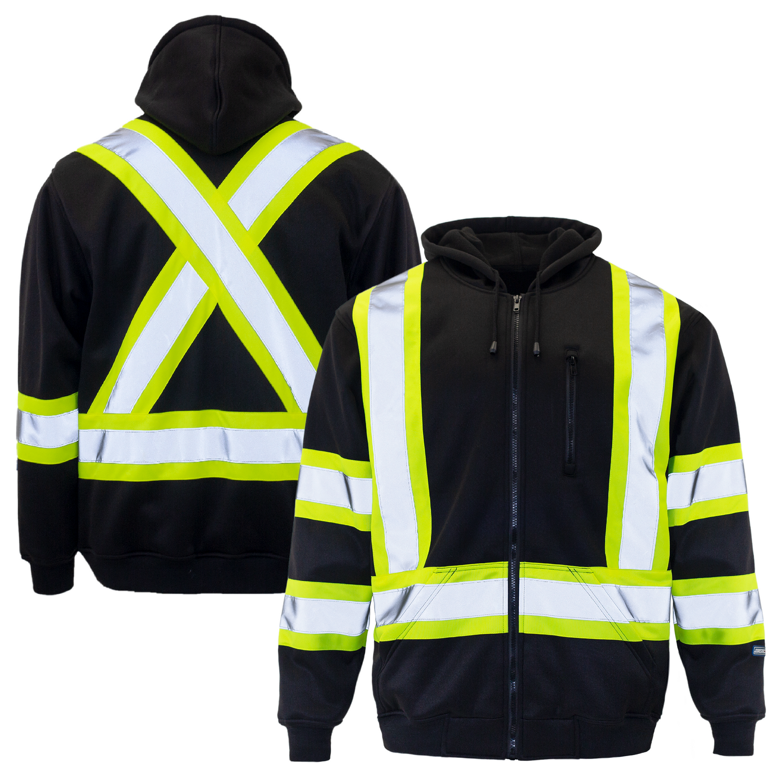 Front and back view of the hi vis black safety hooded sweatshirt with reflective stripes