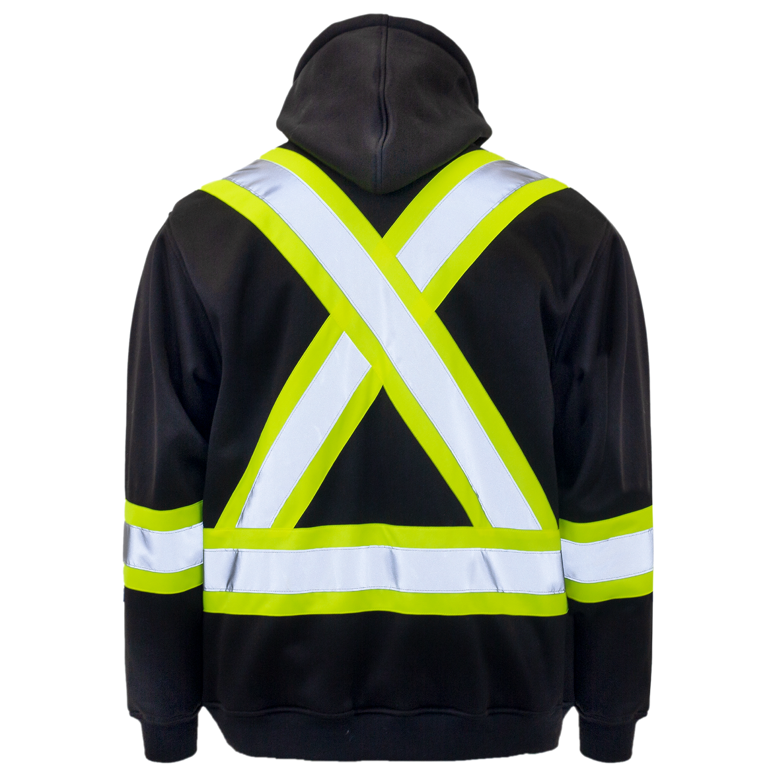 Black high visibility safety hooded sweater with reflective X on back