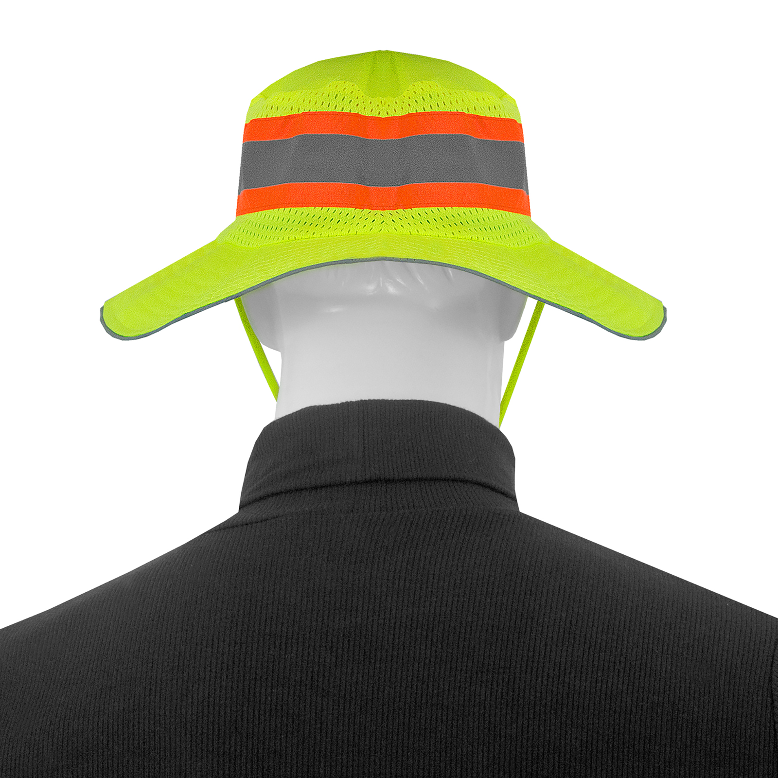 Back view  of a mannequin wearing a hi-vis lime JORESTECH safety boonie hat with reflective and orange stripes