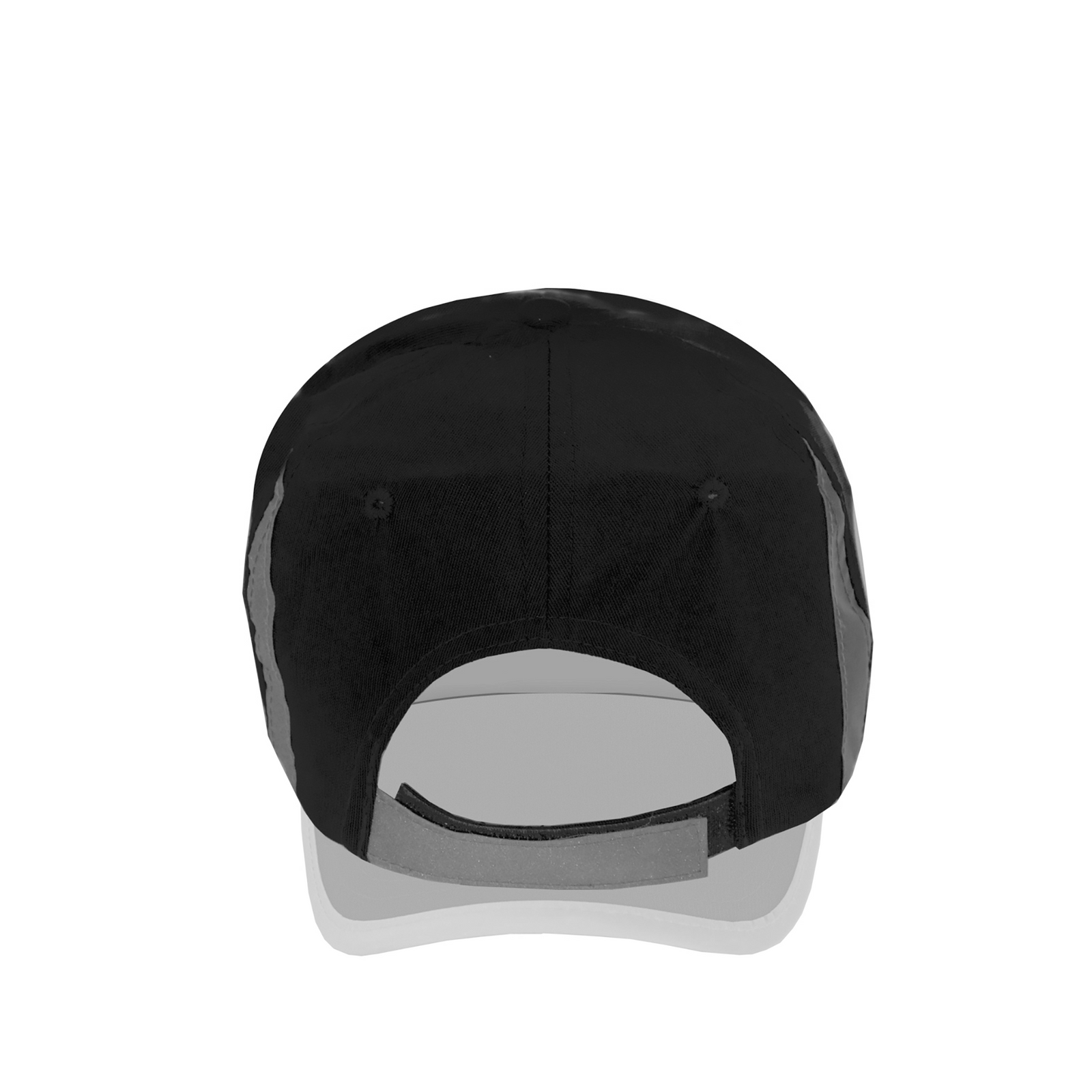 Back view of the Hi-vis black JORESTECH safety cap with reflective stripes over white background