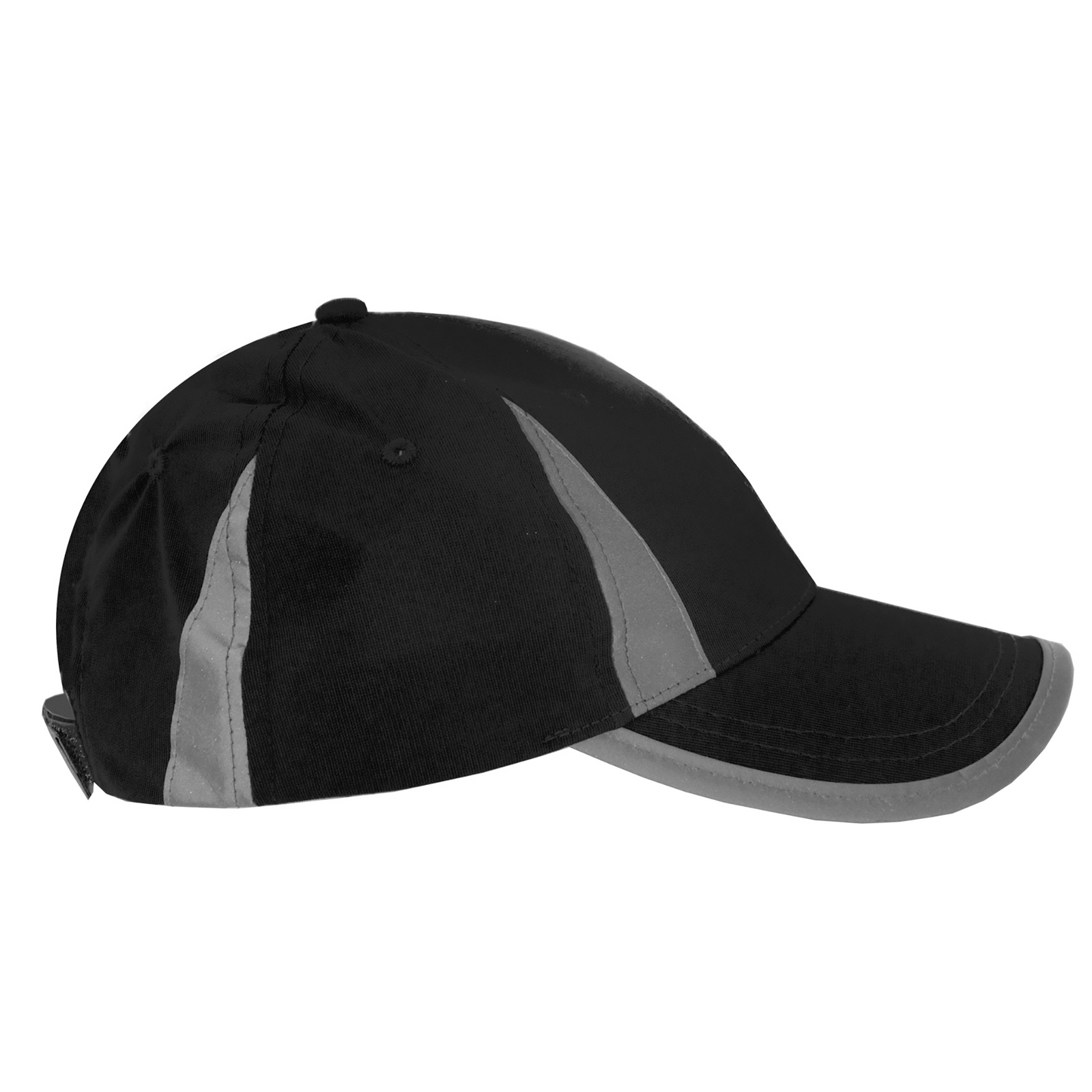 Side view of the hi-vis black JORESTECH safety cap with reflective stripes
