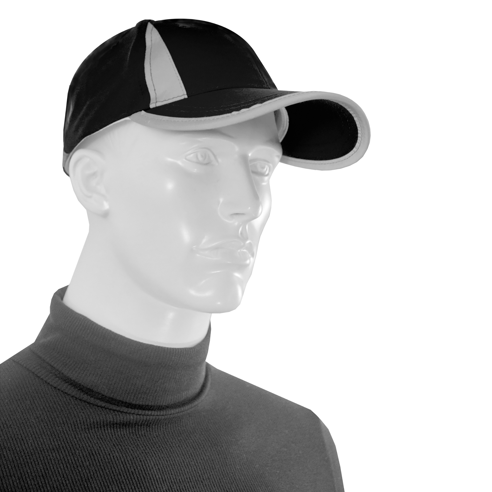 a mannequin wearing a black cap with reflective stripes
