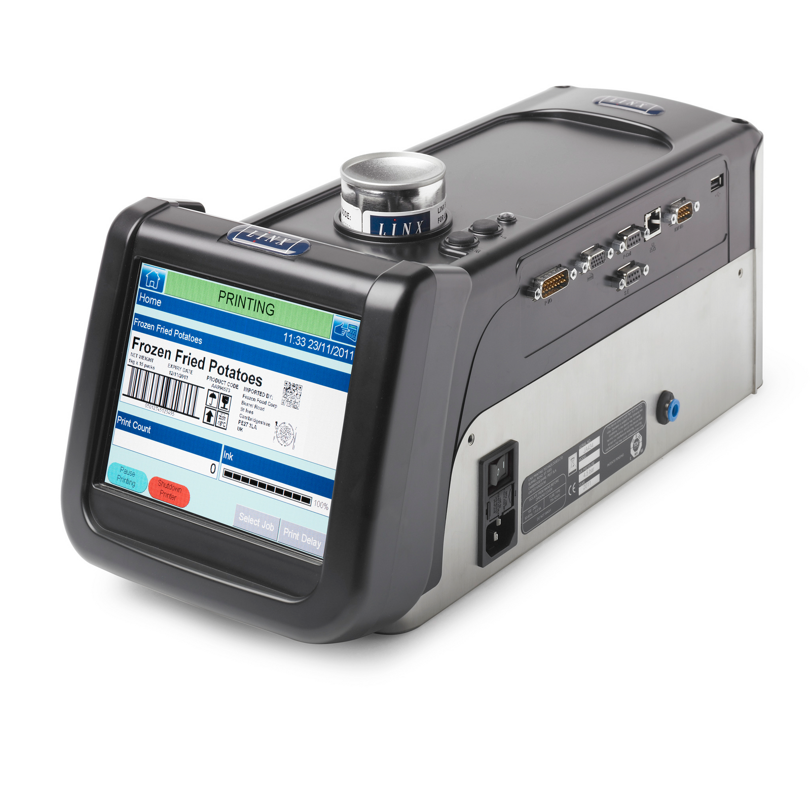 LINX IJ375 inkjet case coder for hi resolution barcodes, letters and numbers with touchscreen control panel