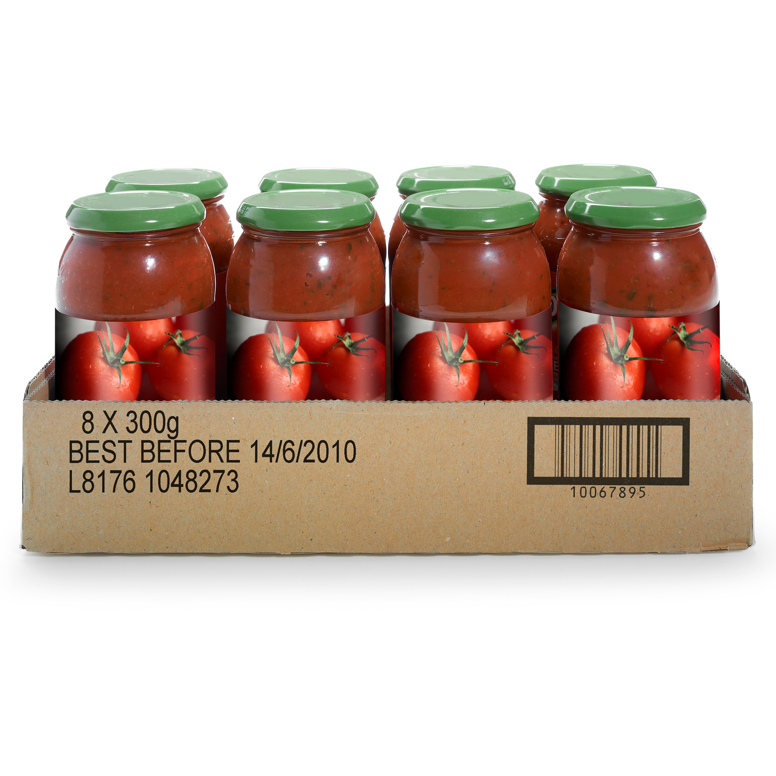 A box tray with 6 tomatoes glass container inside. The card box tray has large numbers printed on the side done with the linx IJ375 inkjet case coder