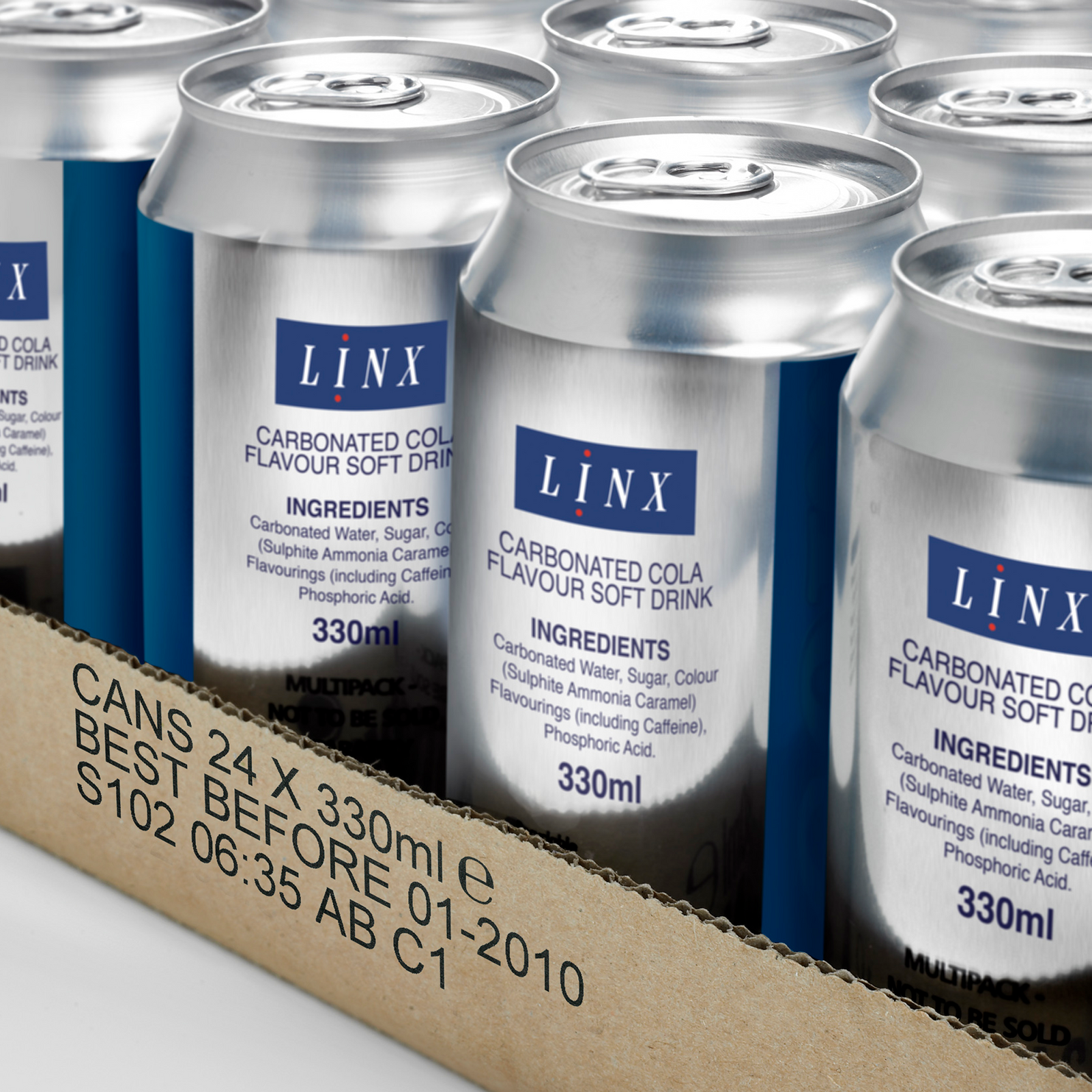 Box tray with soda cans container inside. The card box tray has large numbers like date and cans capacity printed on by the linx IJ375 inkjet case coder