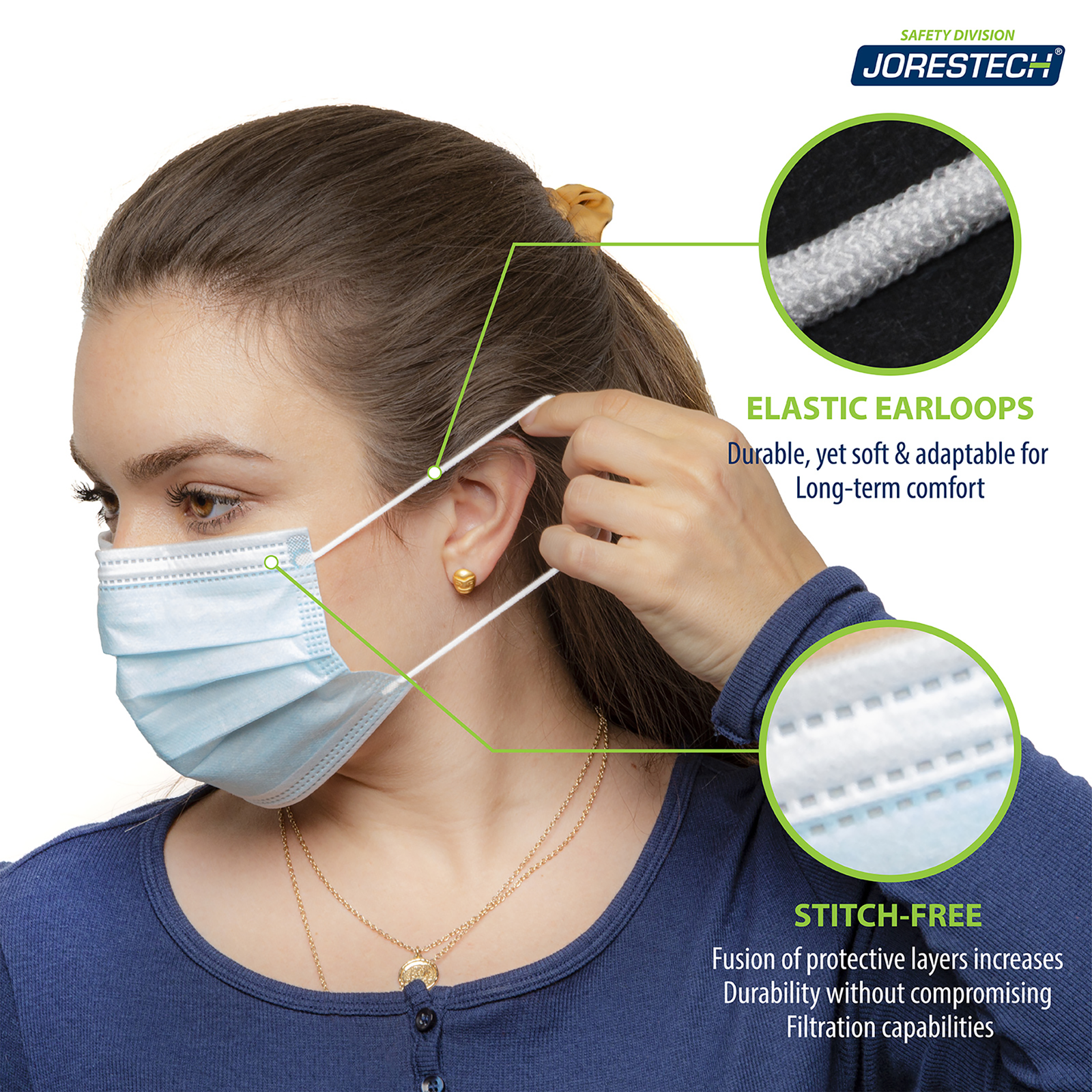 Lady putting the ear loop of the face mask behind her ear. Call outs read: Elastic ear loops and stich free 