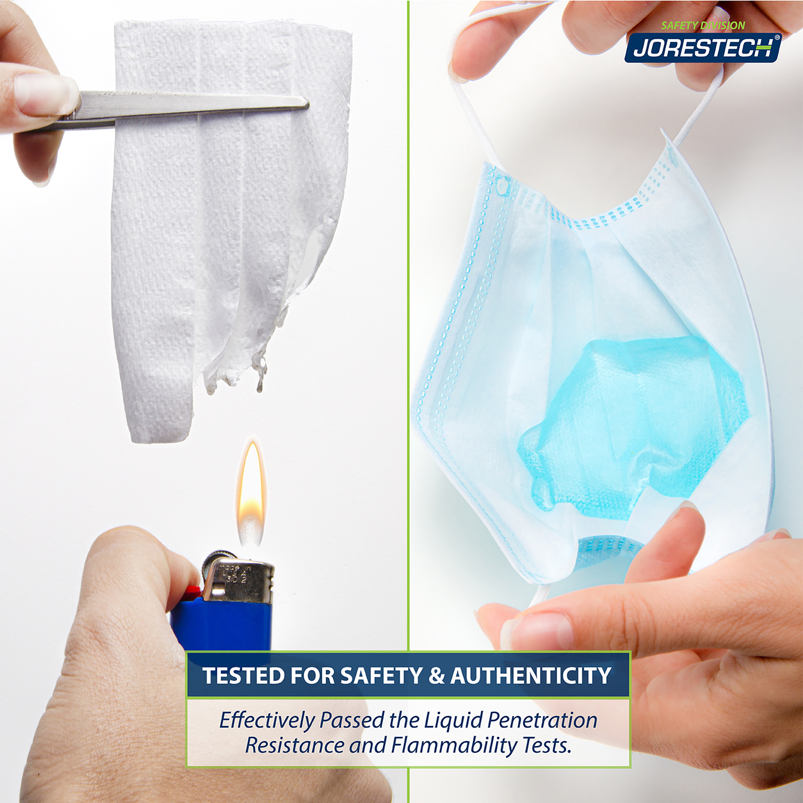 Features he 3 ply safety mask. Text reads: tested for safety & authenticity. Effectively passed the liquid penetration resistance and the flammability tests.