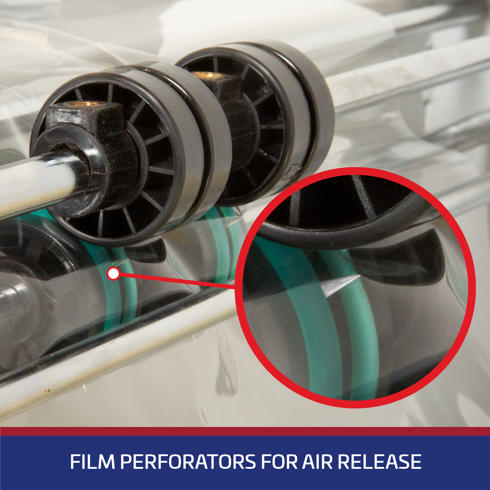 Closeup shows the perforators of the film. Benner reads film perforator for air release. 