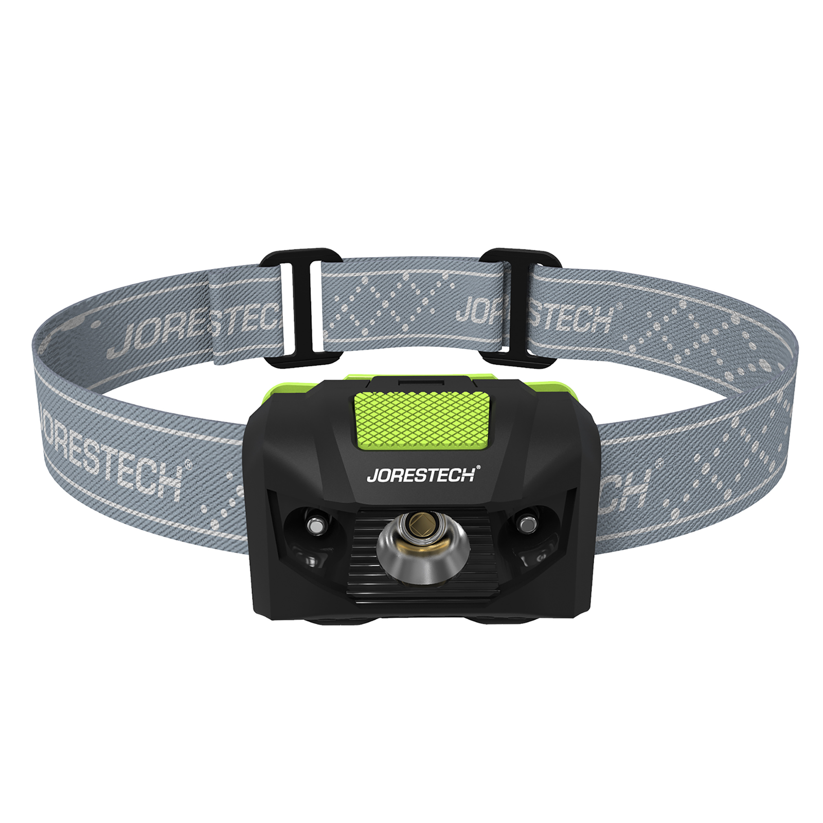 Black JORESTECH led water resistant headlamp flashlight with a light gray adjustable elastic band