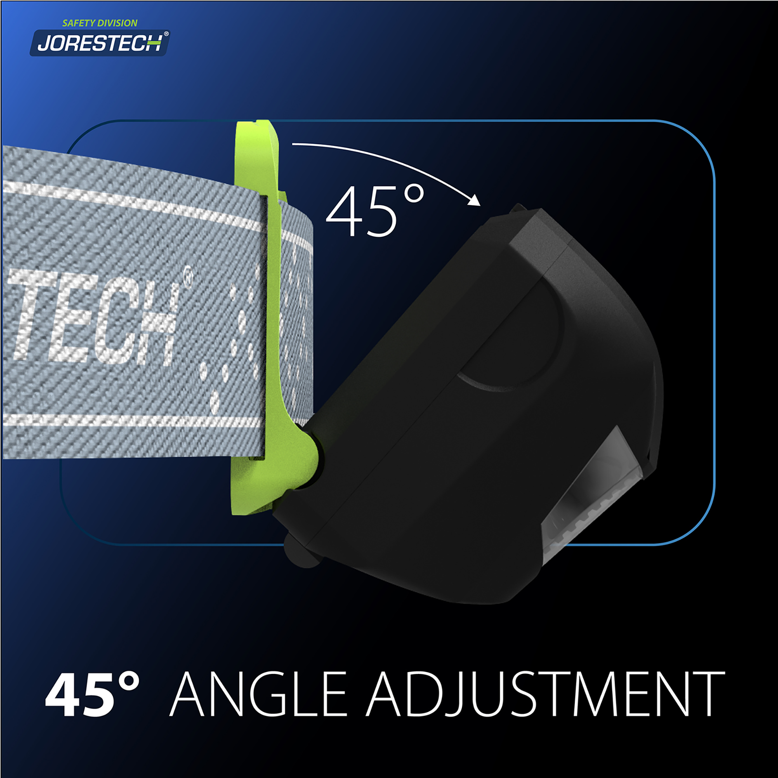 Show the JORESTECH® head lamp tilted 45 degrees for angle adjustment.