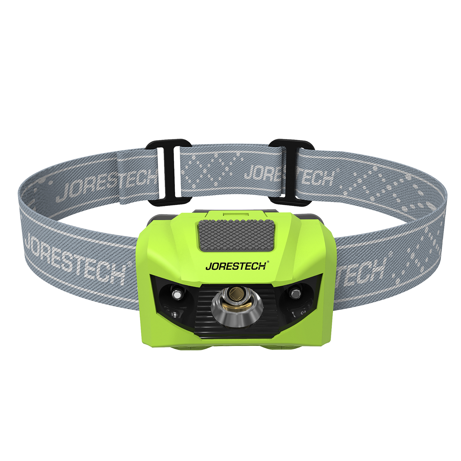 Lime JORESTECH led water resistant headlamp flashlight with a light gray adjustable elastic band
