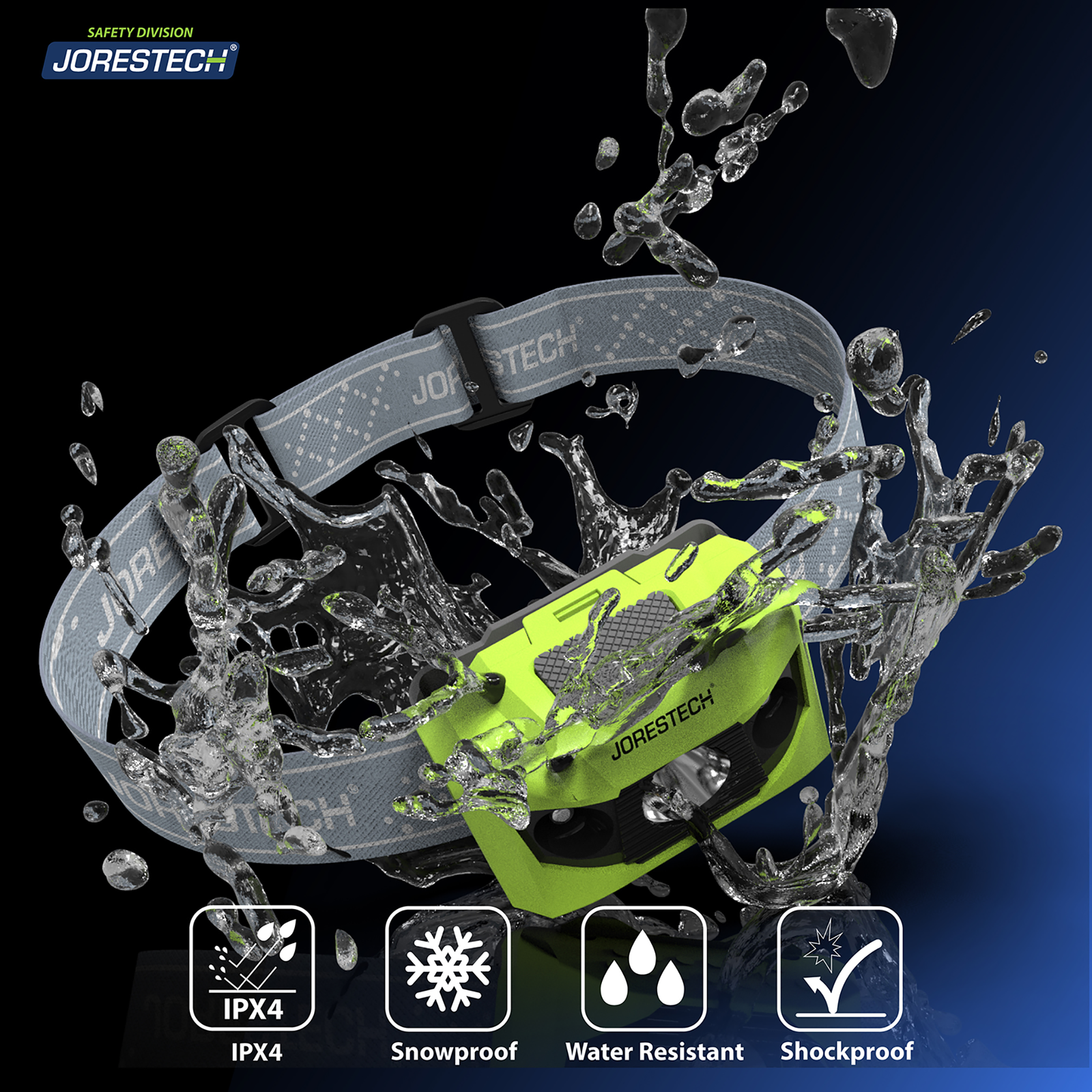 Lime head lamp being splashed by water to show that the are water resistant, snow resistant and shockproof