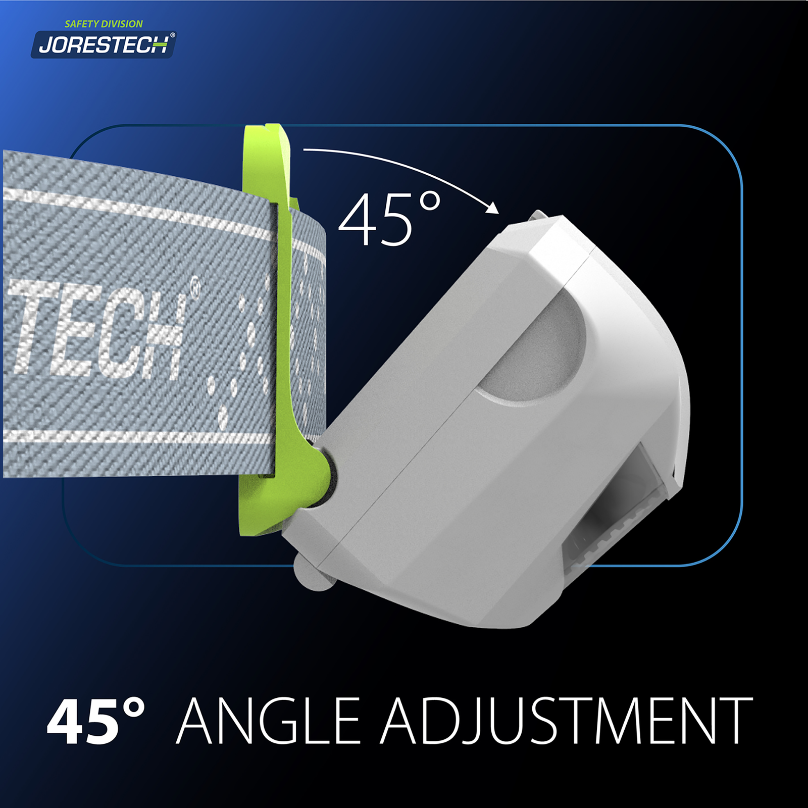 Show the JORESTECH® head lamp tilted 45 degrees for angle adjustment.