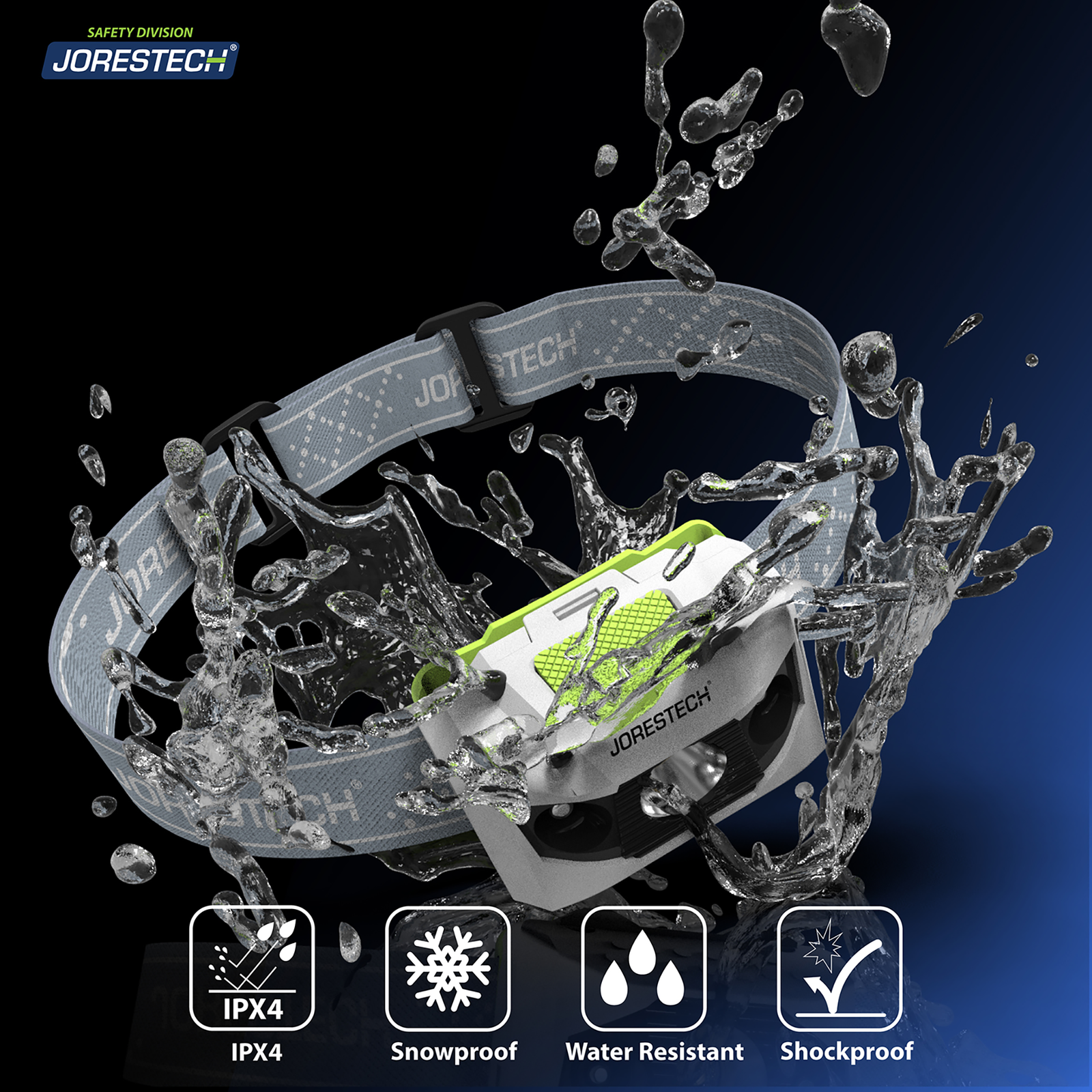 White head lamp been splashed by water to show that the are water resistant, snow resistant and shockproof