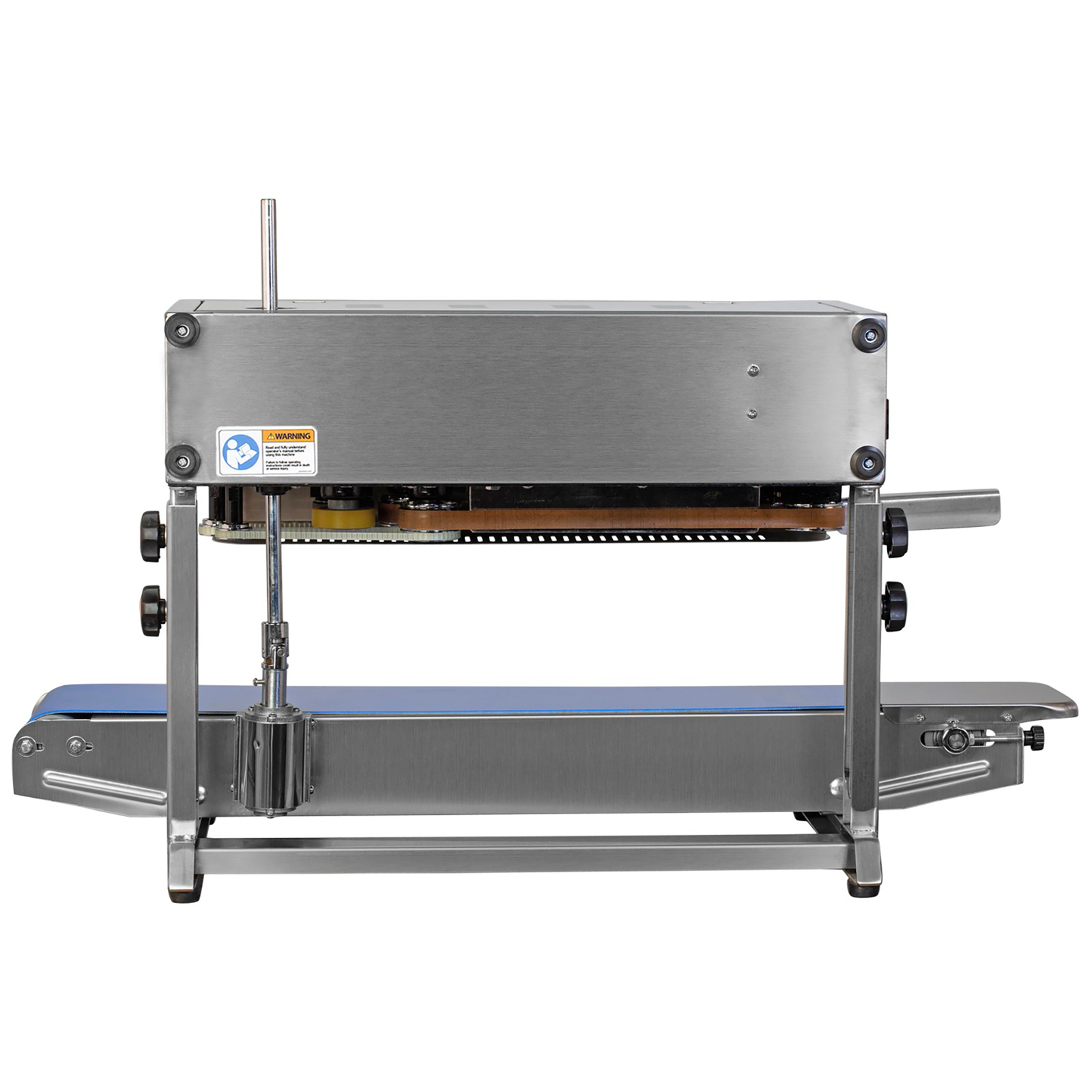 Back view of the stainless steel JORESTECH left to right continuous band sealer used for sealing plastic bags 
