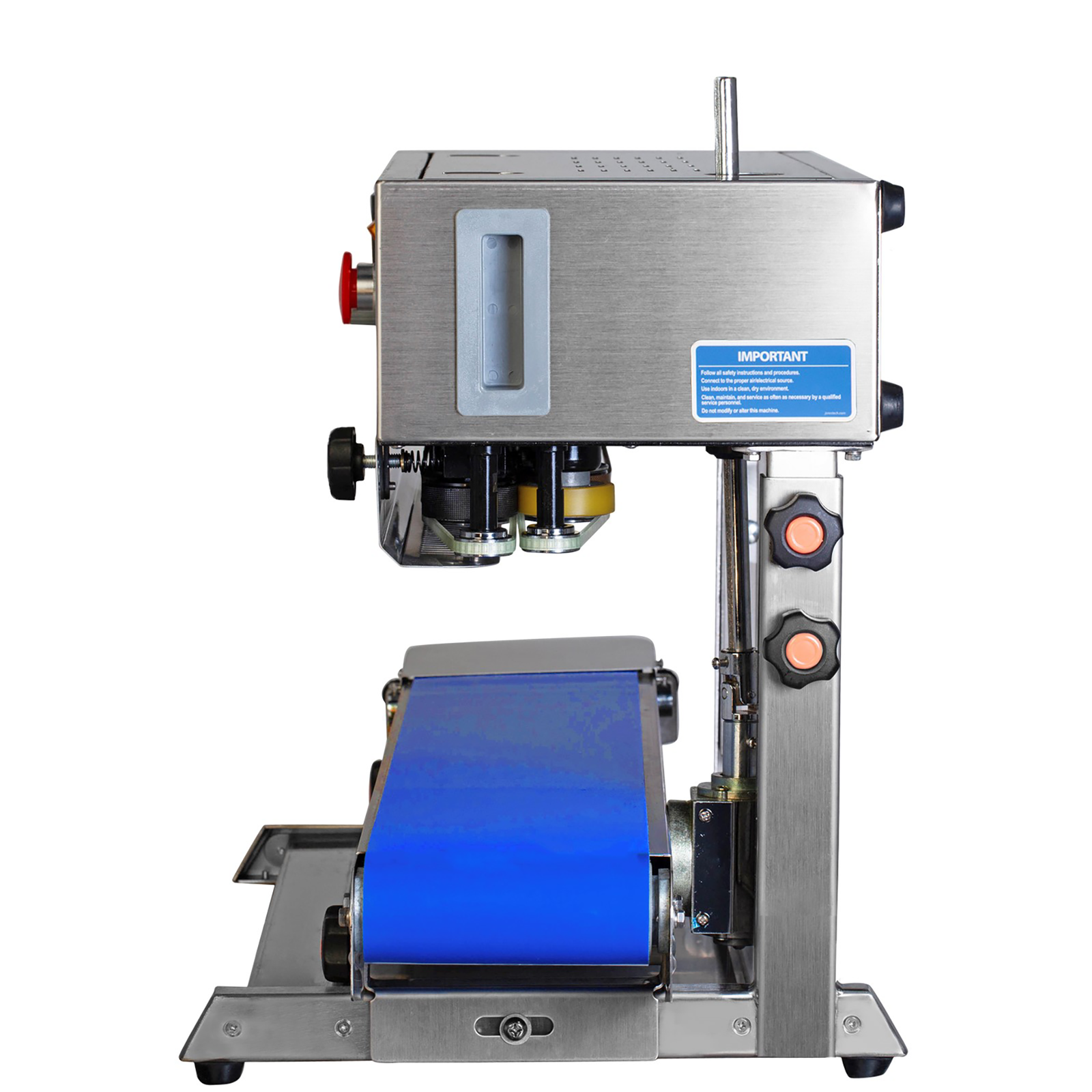 side view of the stainless steel JORESTECH left to right continuous band sealer with blue revolving band set for vertical applications