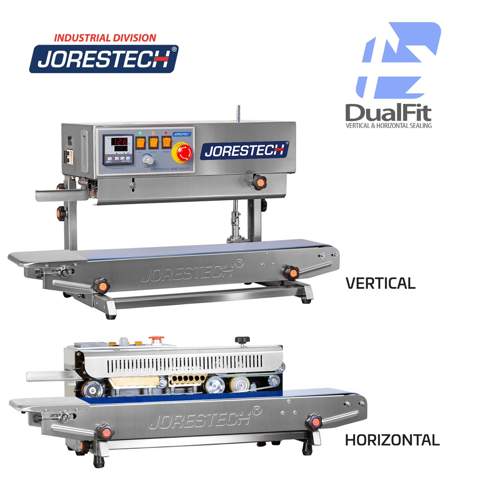 showing the vertical and horizontal positioning of the  stainless steel JORESTECH left to right continuous band sealer. Dual fit logo with arrows indicate that this table top bag sealer can be used for vertical and for horizontal applications. 