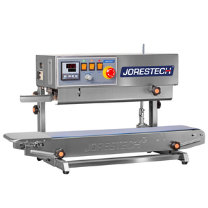 Front view of the stainless steel JORESTECH left to right continuous band sealer  for vertical and horizontal bag sealing applications.