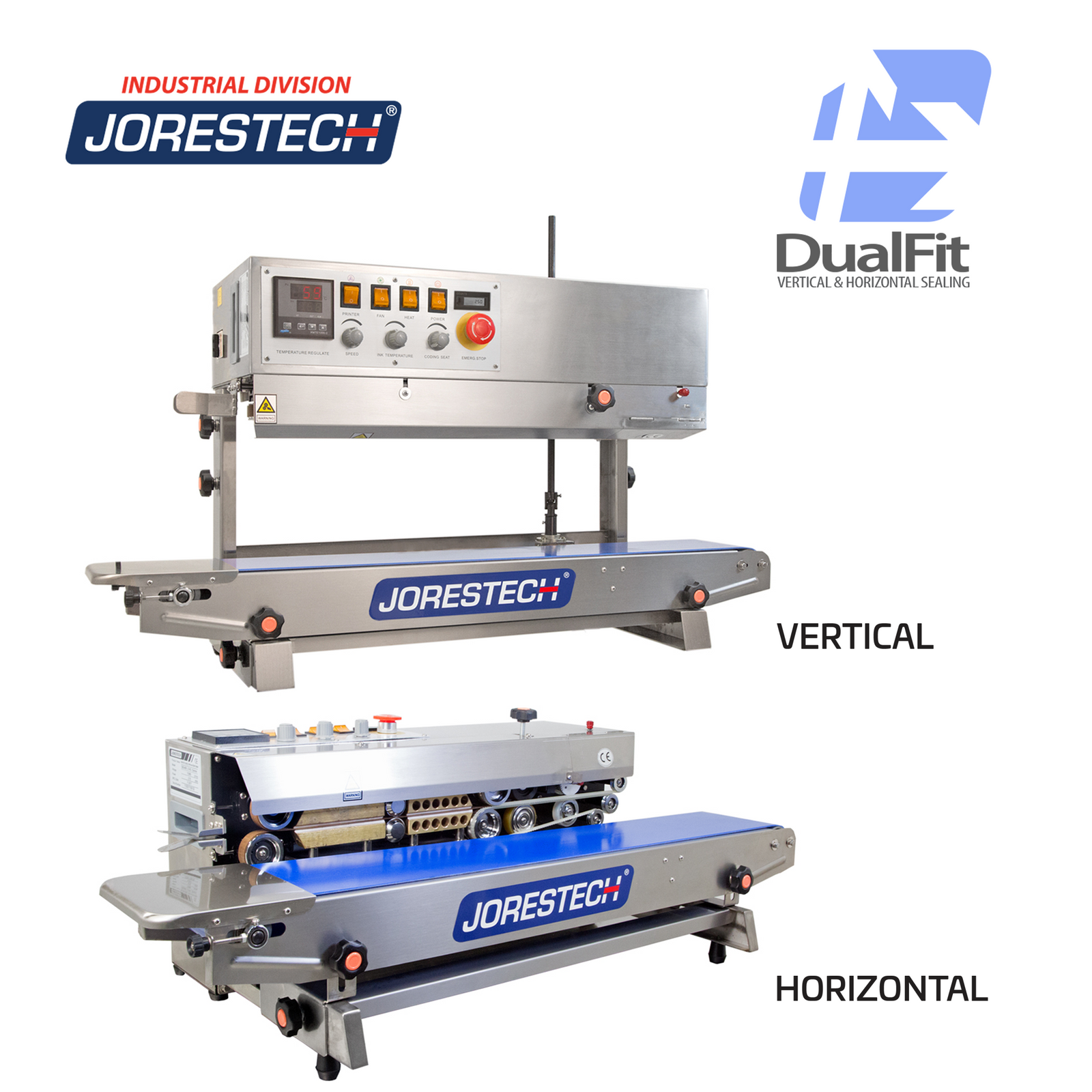Showing the vertical and horizontal positioning of the stainless steel JORES TECHNOLOGIES® left to right continuous band sealer. Dual fit logo with arrows indicate that this table top bag sealer can be used for vertical and for horizontal applications. 