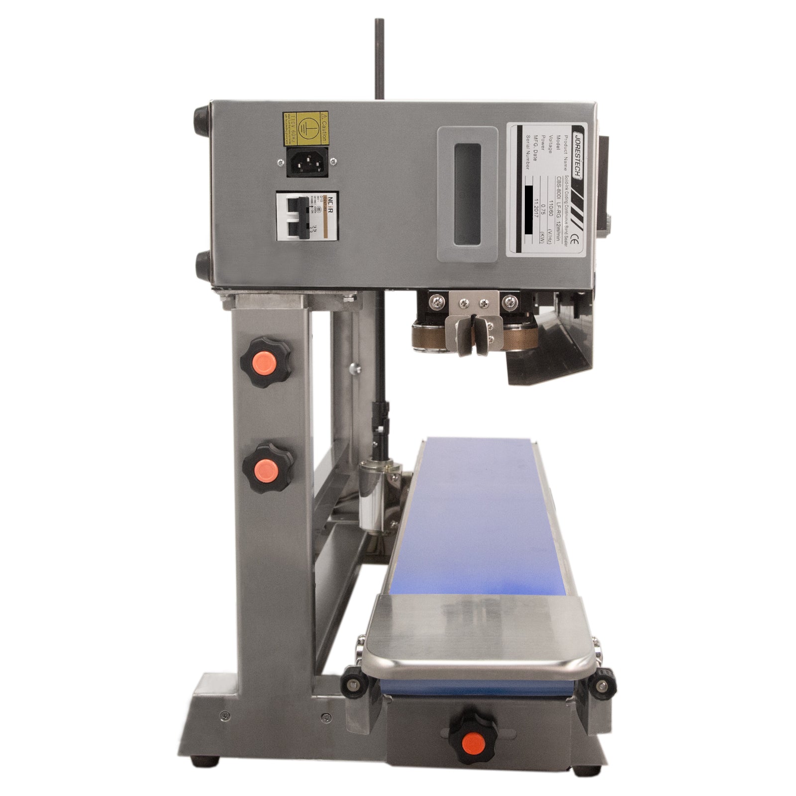 side view of JORES TECHNOLOGIES® vertical continuous band sealer over white background
