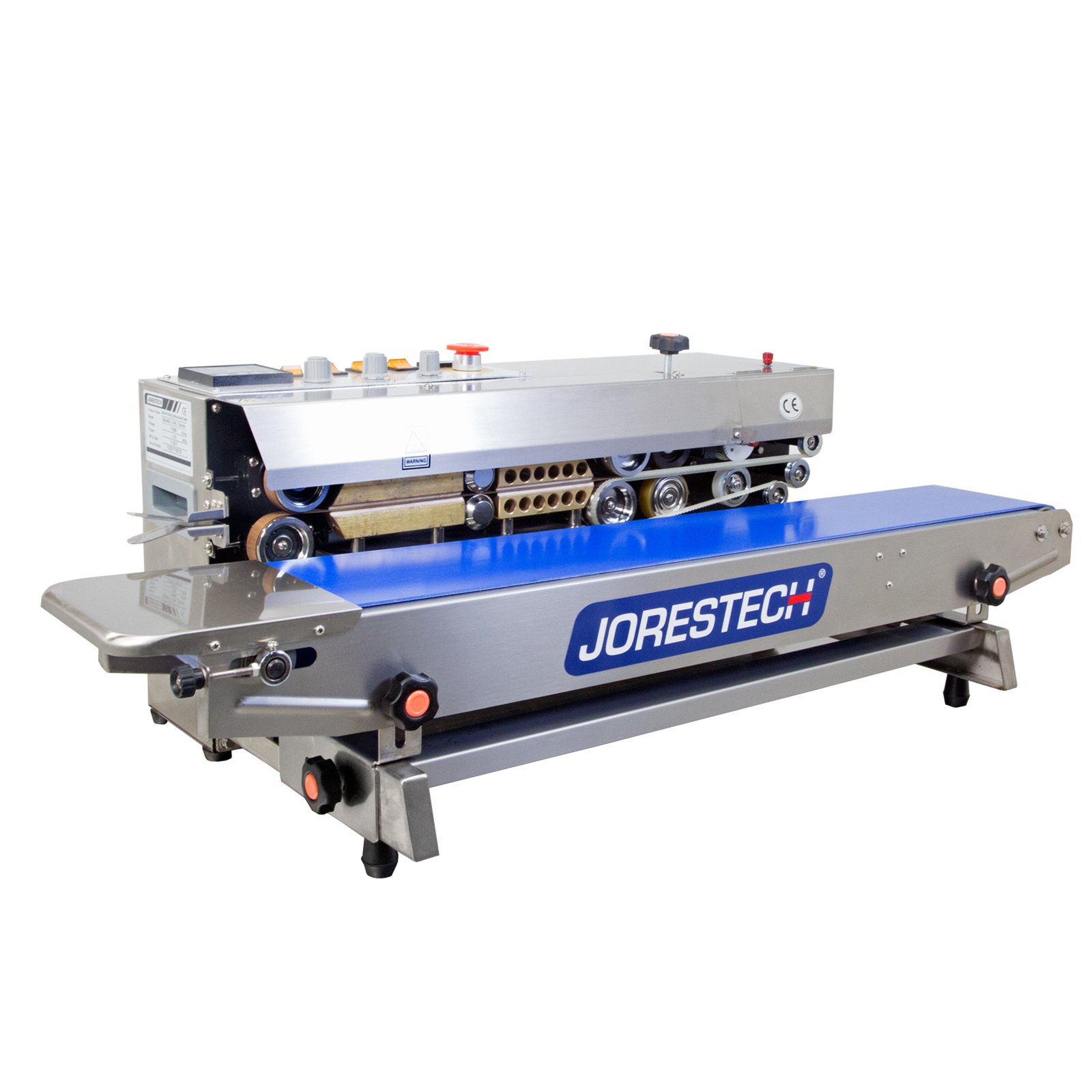 JORESTECH left to right continuous band with coder and digital temperature control sealer in horizontal position over white background and blue JORESTCECH logo