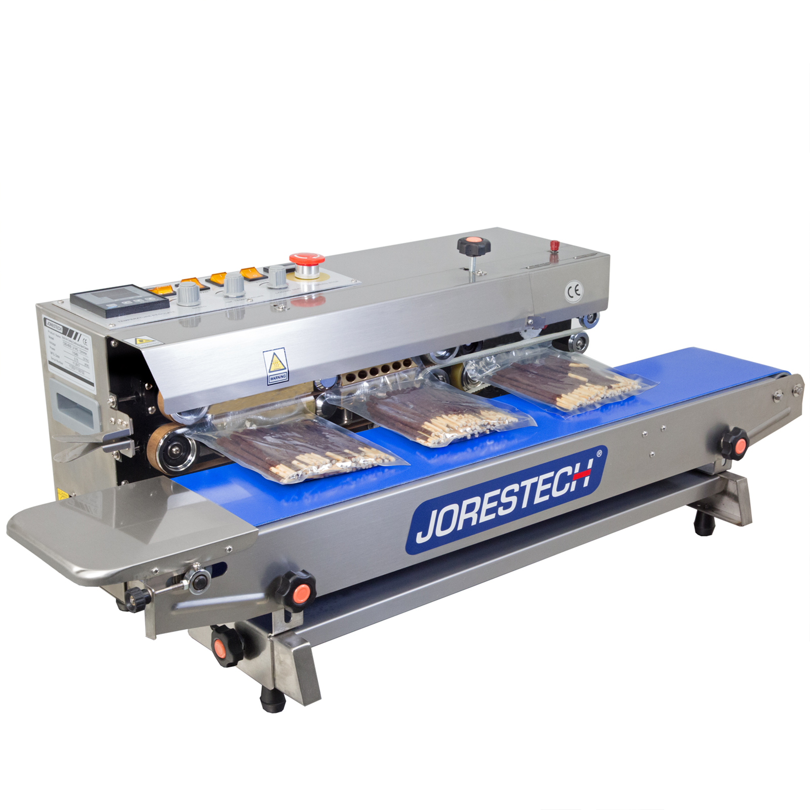 Image shows a JORESTECH horizontal continuous band sealing machine sealing plastic bags with product inside