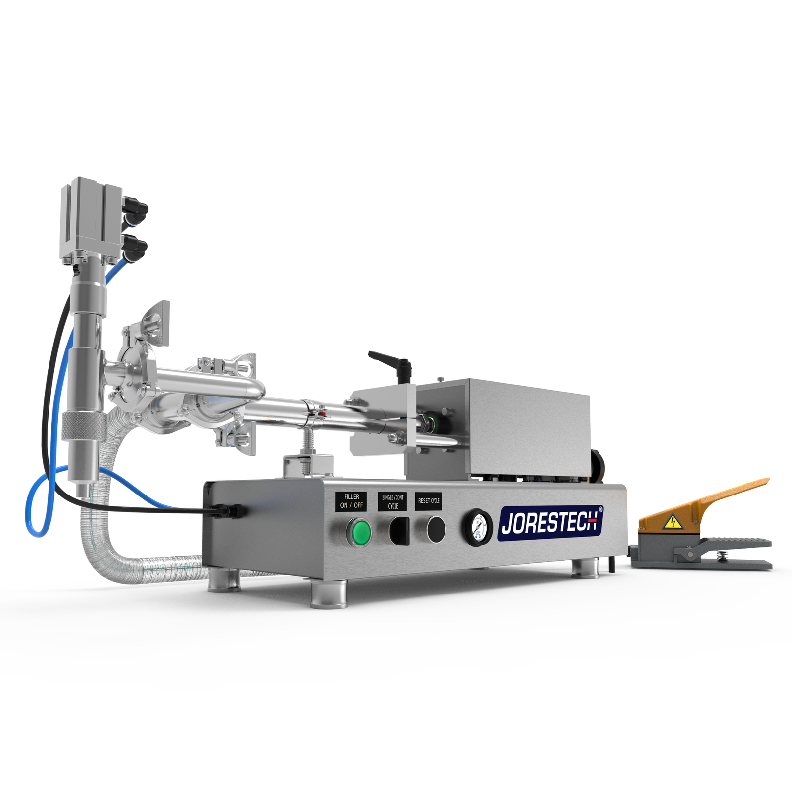  Low viscosity JORES TECHNOLOGIES® piston filling machine. The piston filler is made out of stainless steel and there's a yellow and grey foot pedal resting on the side.