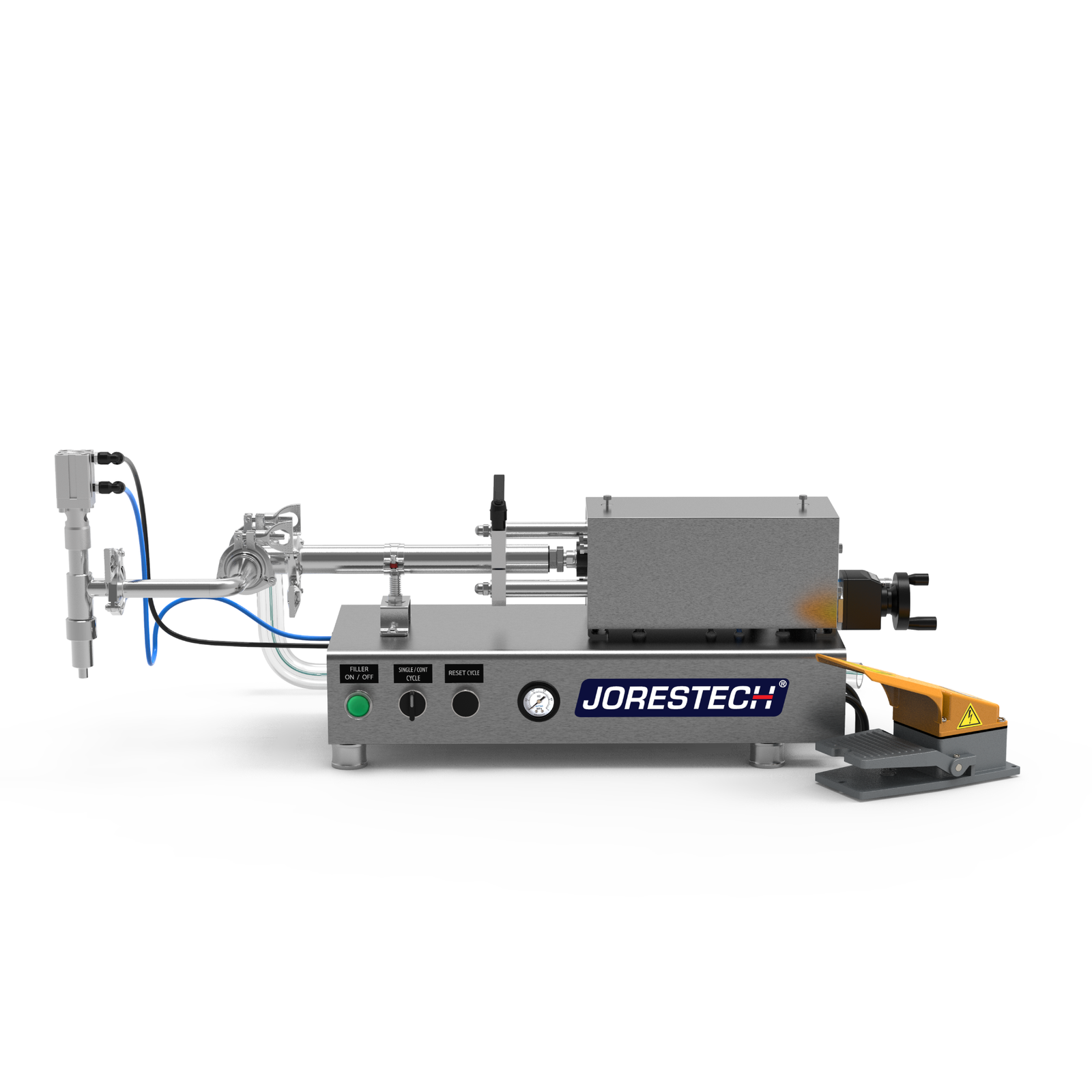 A Low viscosity JORES TECHNOLOGIES® piston filling machine in a frontal view. The piston filler is made out of stainless steel and there's a yellow and grey foot pedal resting on the side.