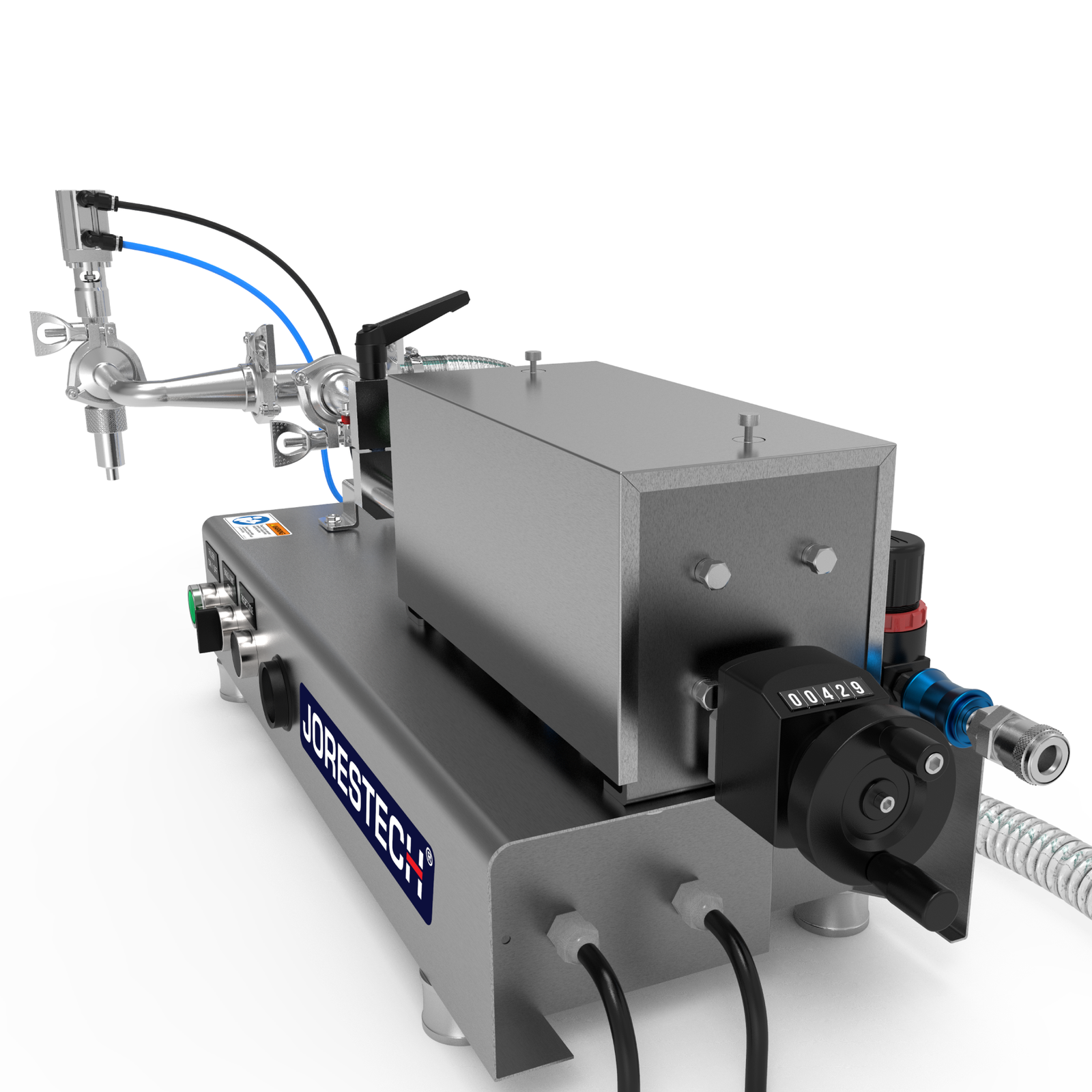 A Low viscosity JORES TECHNOLOGIES® liquid filling machine shown from the back. The fill volume adjuster, main input hose, and compressed air connector can be easily appreciated.