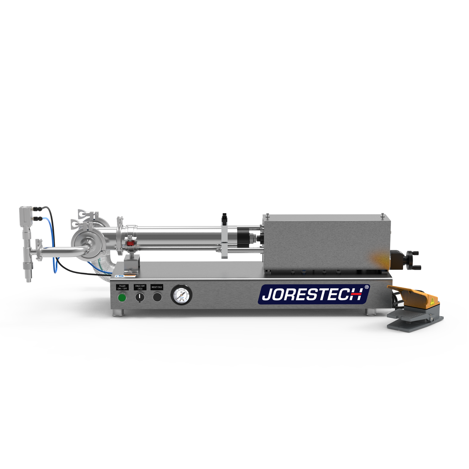 Low viscosity JORES TECHNOLOGIES® piston filling machine in a frontal view. The piston filler is made out of stainless steel and there's a yellow and grey foot pedal resting on the side.