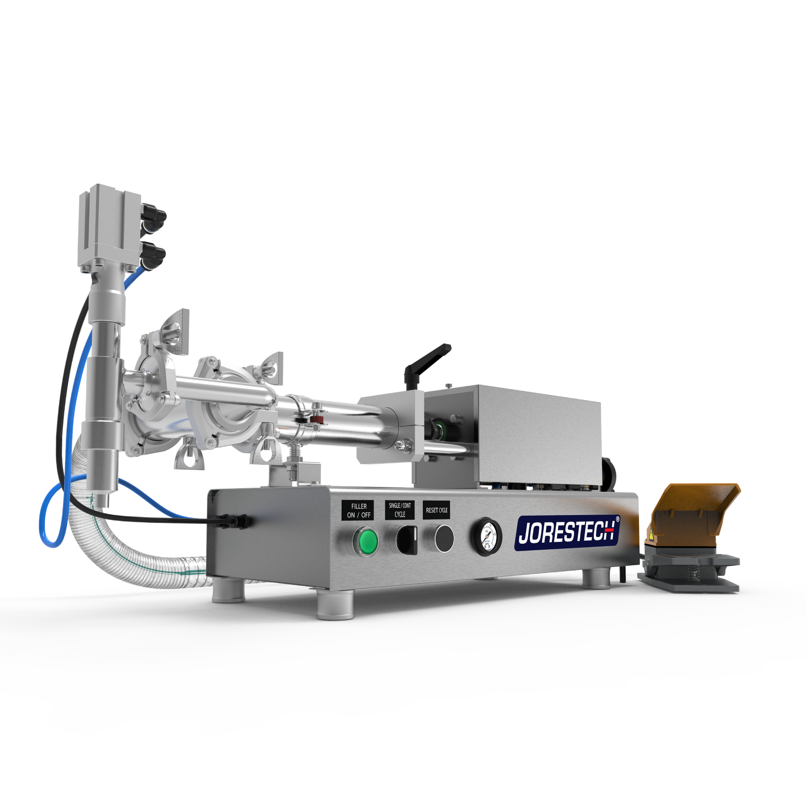 Countertop low viscosity piston filling machine by JORES TECHNOLOGIES®. The piston filler is made out of stainless steel and there's a yellow and grey foot pedal resting on the side.