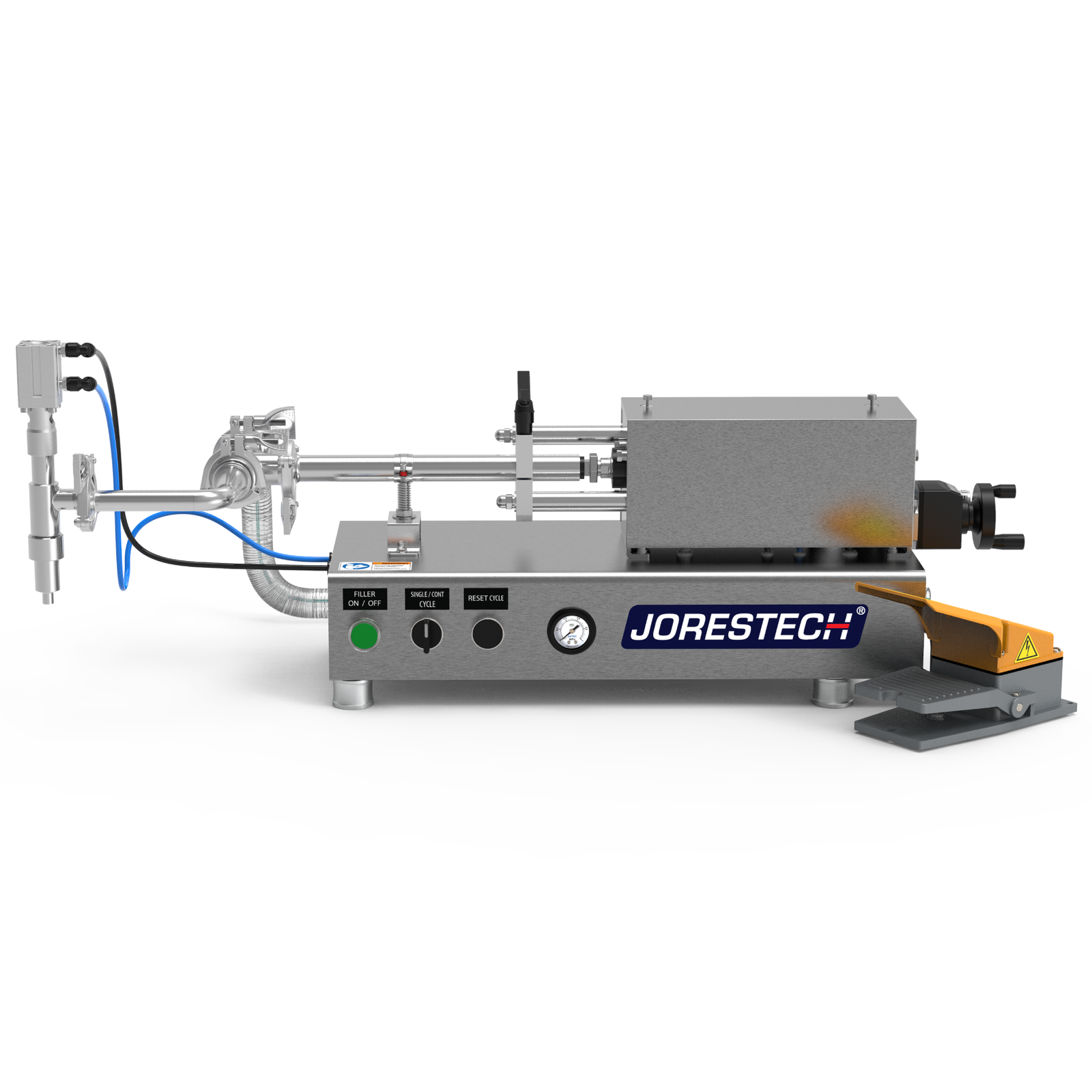 Low viscosity JORES TECHNOLOGIES® piston filling machine. The piston filler is made out of stainless steel and there's a yellow and grey foot pedal resting on the side.