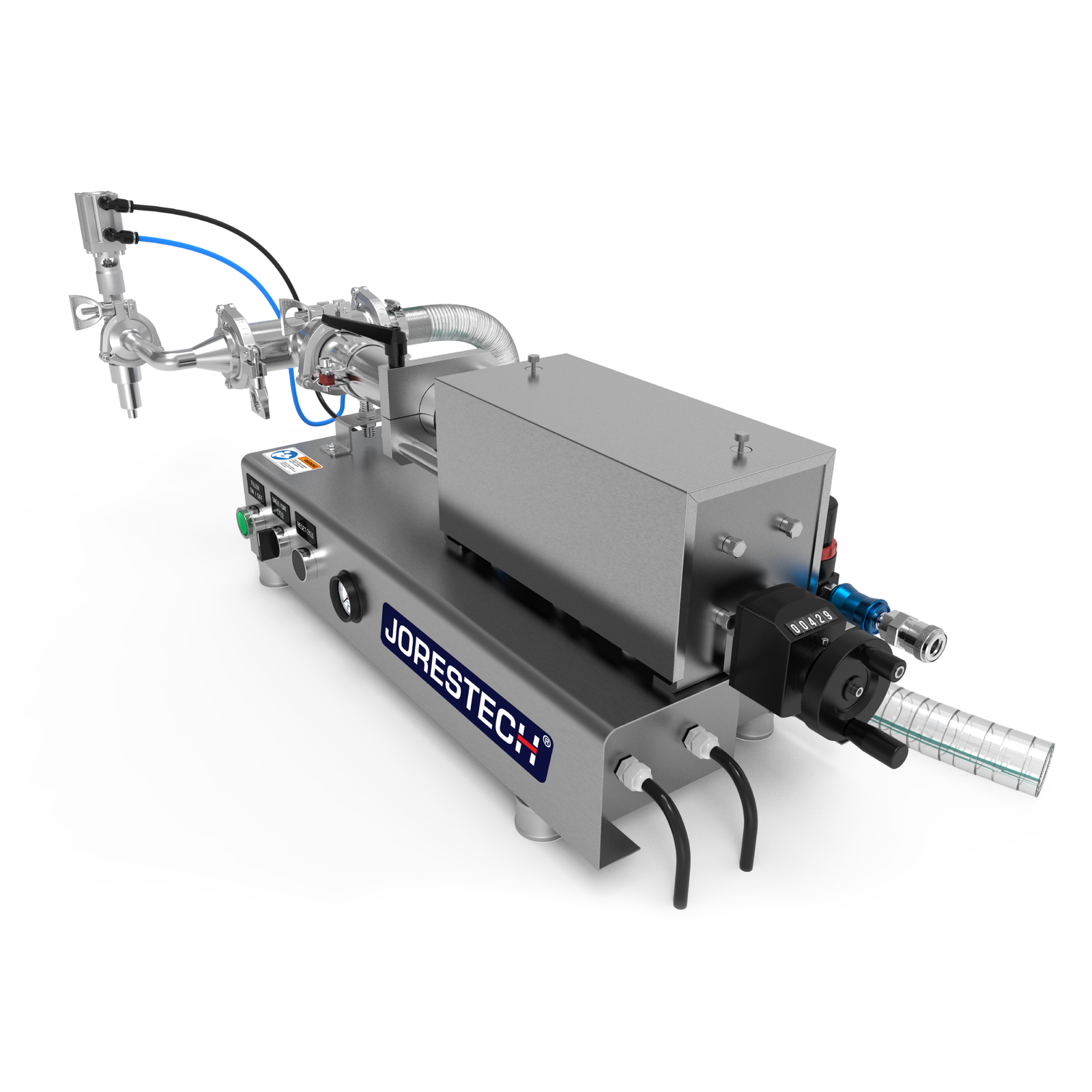 Low viscosity JORES TECHNOLOGIES® liquid filling machine shown from the back. The fill volume adjuster, main input hose, and compressed air connector can be easily appreciated.